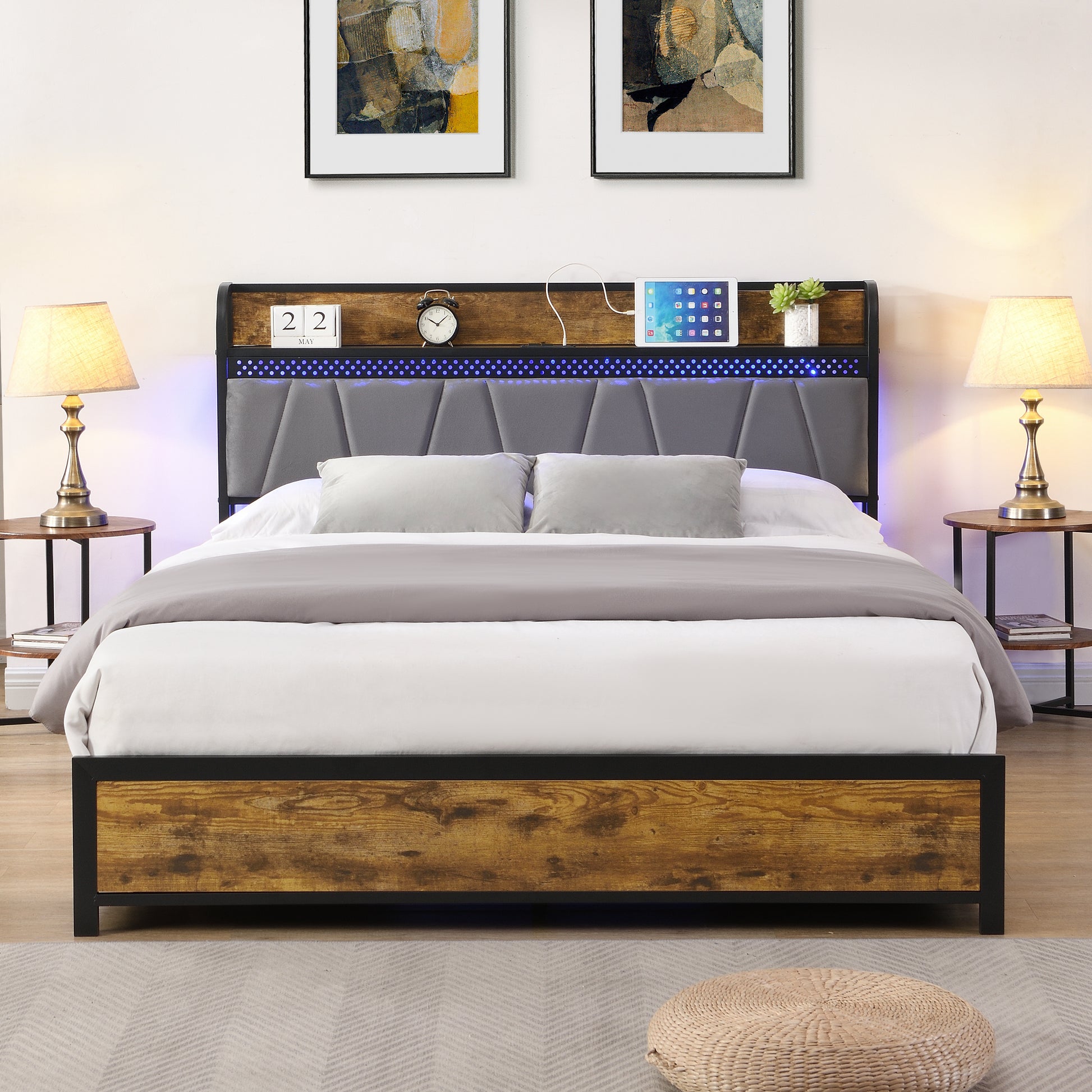 Queen Size Bed Frame, Storage Headboard With Charging Station And 4 Storage Drawers,Led Lightsbrown And And Gray Queen Black Brown Grey Mdf Metal