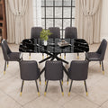 1 Table And 8 Chairs Set.A Rectangular Dining Table With A Imitation Marble Black Table Top And Black Metal Legs.Paired With 8 Chairs With Pu Leather Seat Cushion And Black Metal Legs.F 1537,C 007 Black Glass Metal