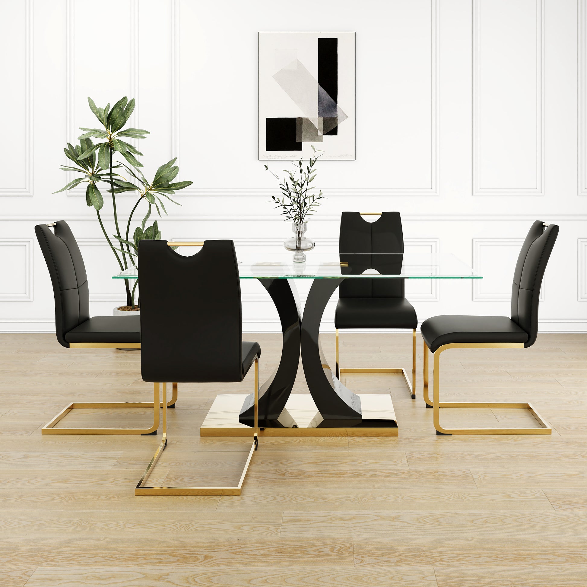 Modern Style Glass Dining Table, Elegant Transparent Design, Solid Support Base, Black Dining Chair Set, Gold Plated Chair Legs, Suitable For Restaurant Kitchen Use Set Of 5 Black Gold Seats 4 Mdf Glass