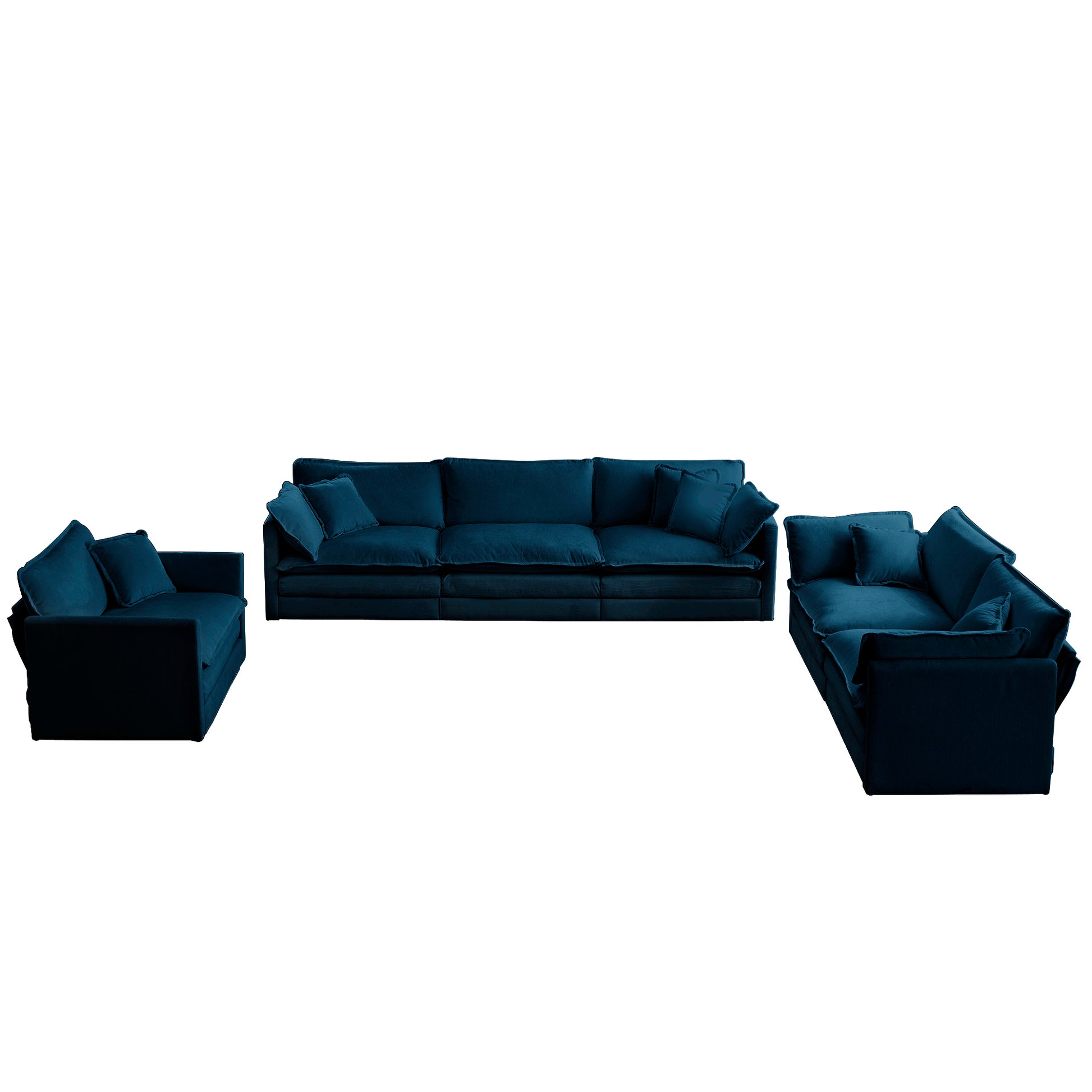 Modern Sofa Couch, 3 Piece Set Extra Deep Seat Sectional Sofa For Living Room, Oversized Sofa, 3 Seat Sofa, Loveseat And Single Sofa, Blue Chenille Blue Chenille 6 Seat