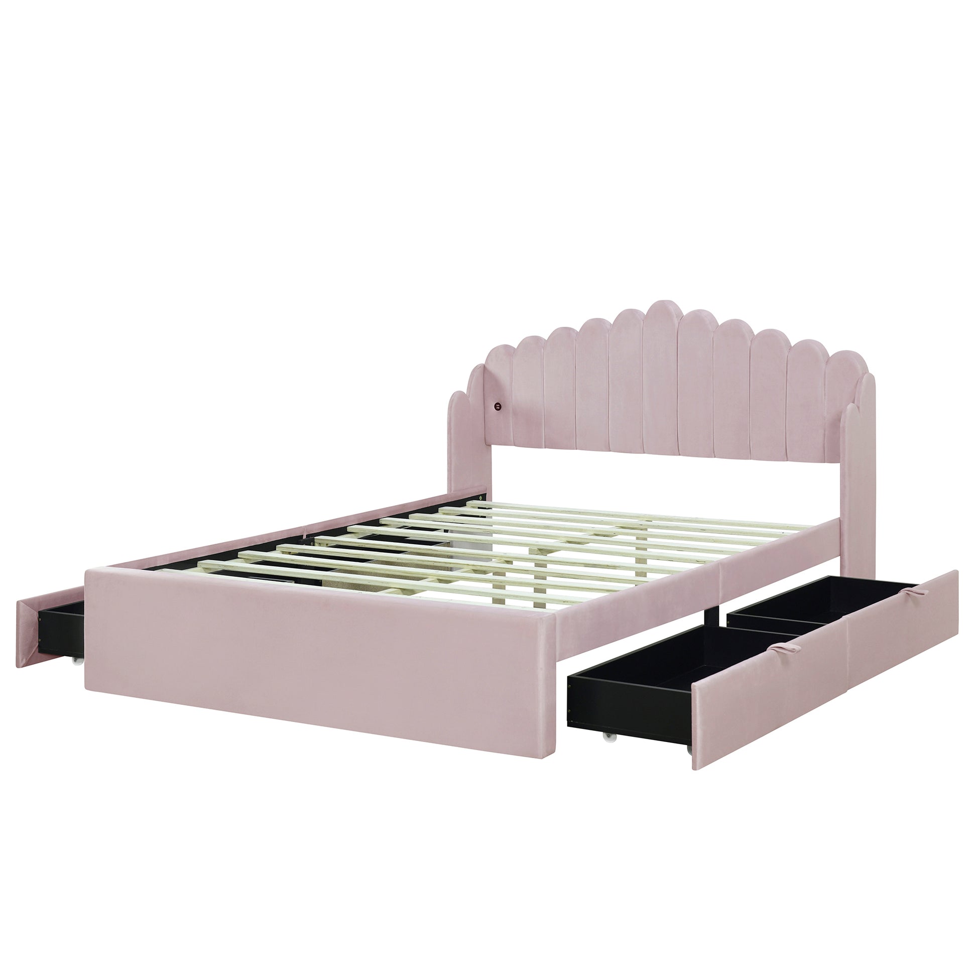 Queen Size Upholstered Platform Bed With 4 Drawers And 2 Usb, Pink Box Spring Not Required Queen Pink Wood Bedroom Bed Frame Polyester Upholstered
