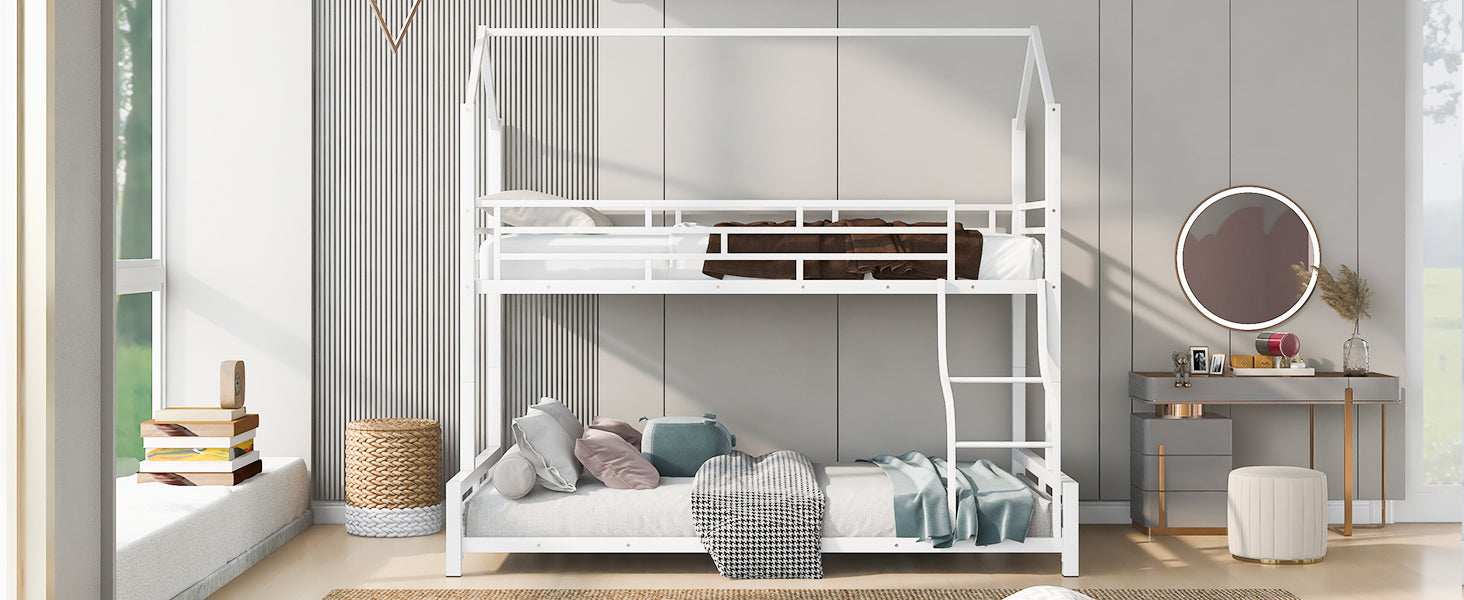 Metal House Bunk Bed, Twin Over Full, White Full White Metal