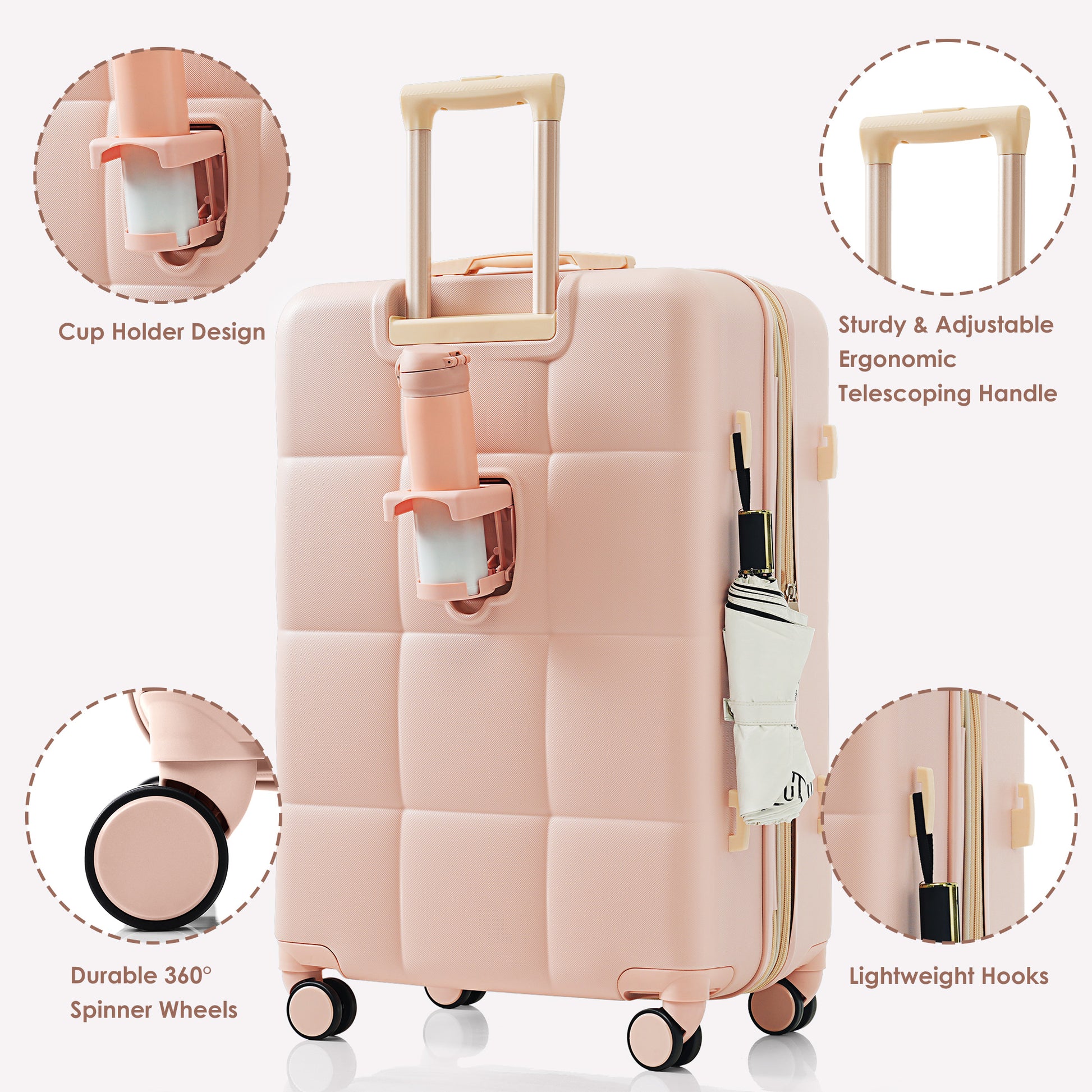 Luggage Sets 3 Piece, 20 Inch With Usb Port And Front Opening Design, Abs Hard Shell Luggage With Spinner Wheels, Cup Holder, Pink Pink Abs