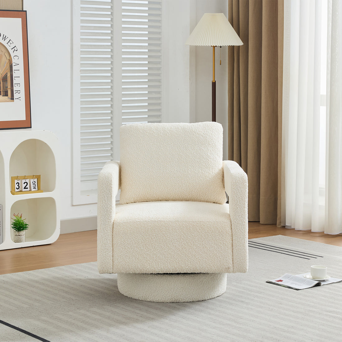 29.13" W Square Swivel Accent Chair, Modern Rotating Arm Chair With Open Back,360 Degree Rotation, Lounge Club Chair With Removable Back Cushion For Living Room, Hotel, Bed Room,Beige Beige Boucle