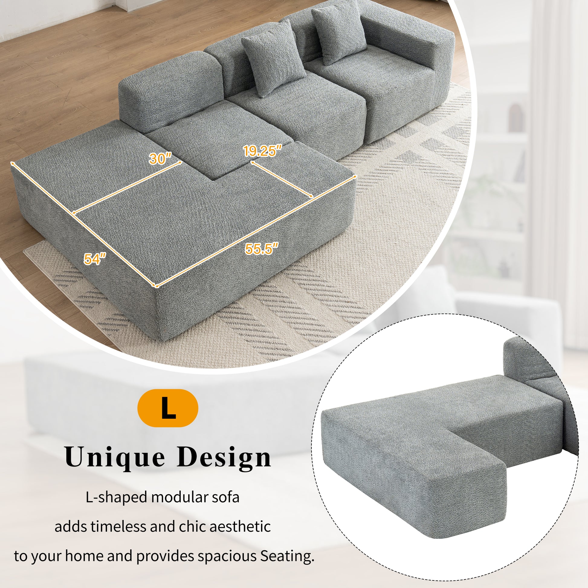 116.5" Sectional Sofa Full Compressed Sofa Couch Free Combined Sofa For Living Room, Grey Grey Foam Polyester 4 Seat