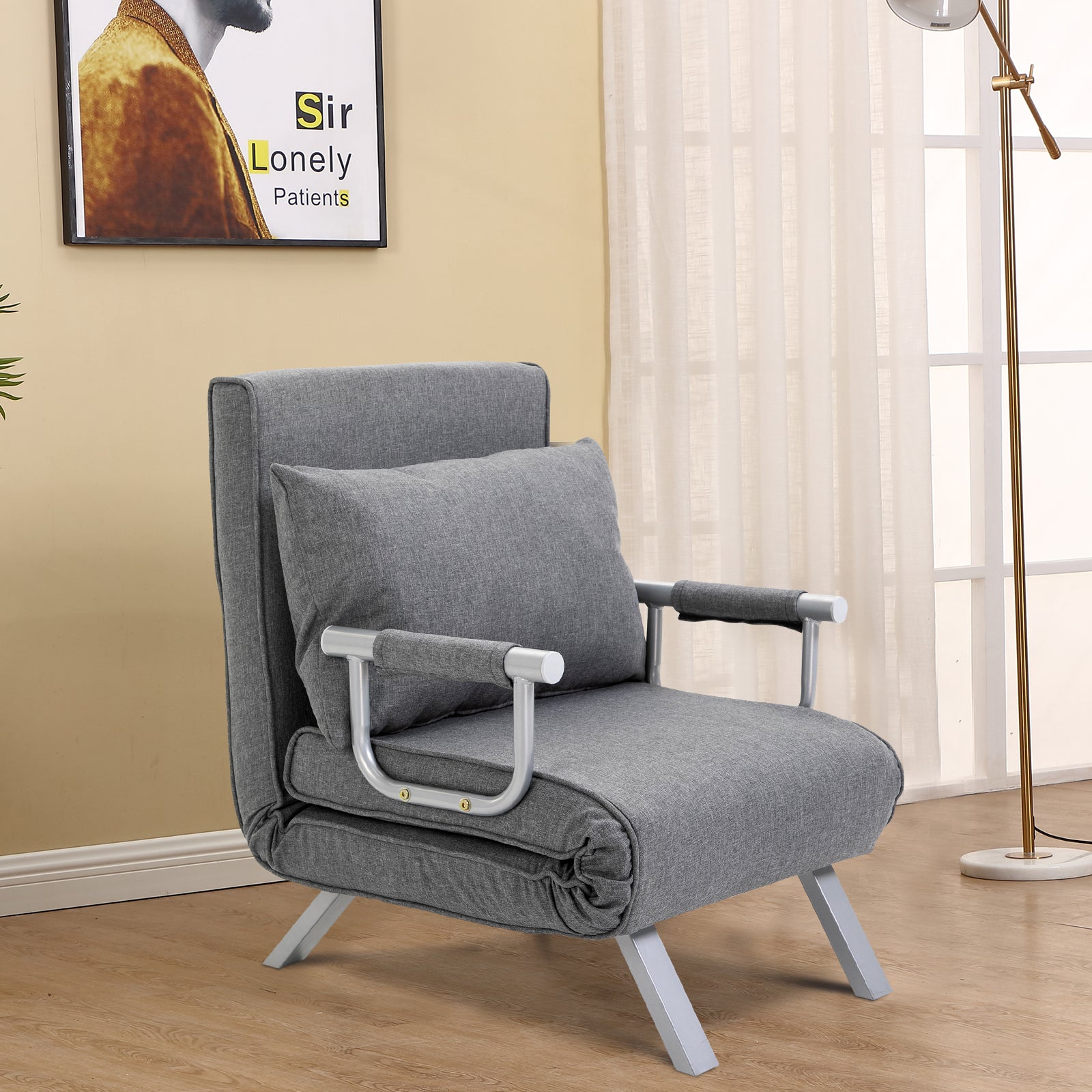 Homcom Single Person Folding 5 Position Convertible Sofa Bed Sleeper Chair Chaise Lounge Couch W Pillow & Steel Frame For Home Office, Light Grey Light Grey Fabric 1 Seat