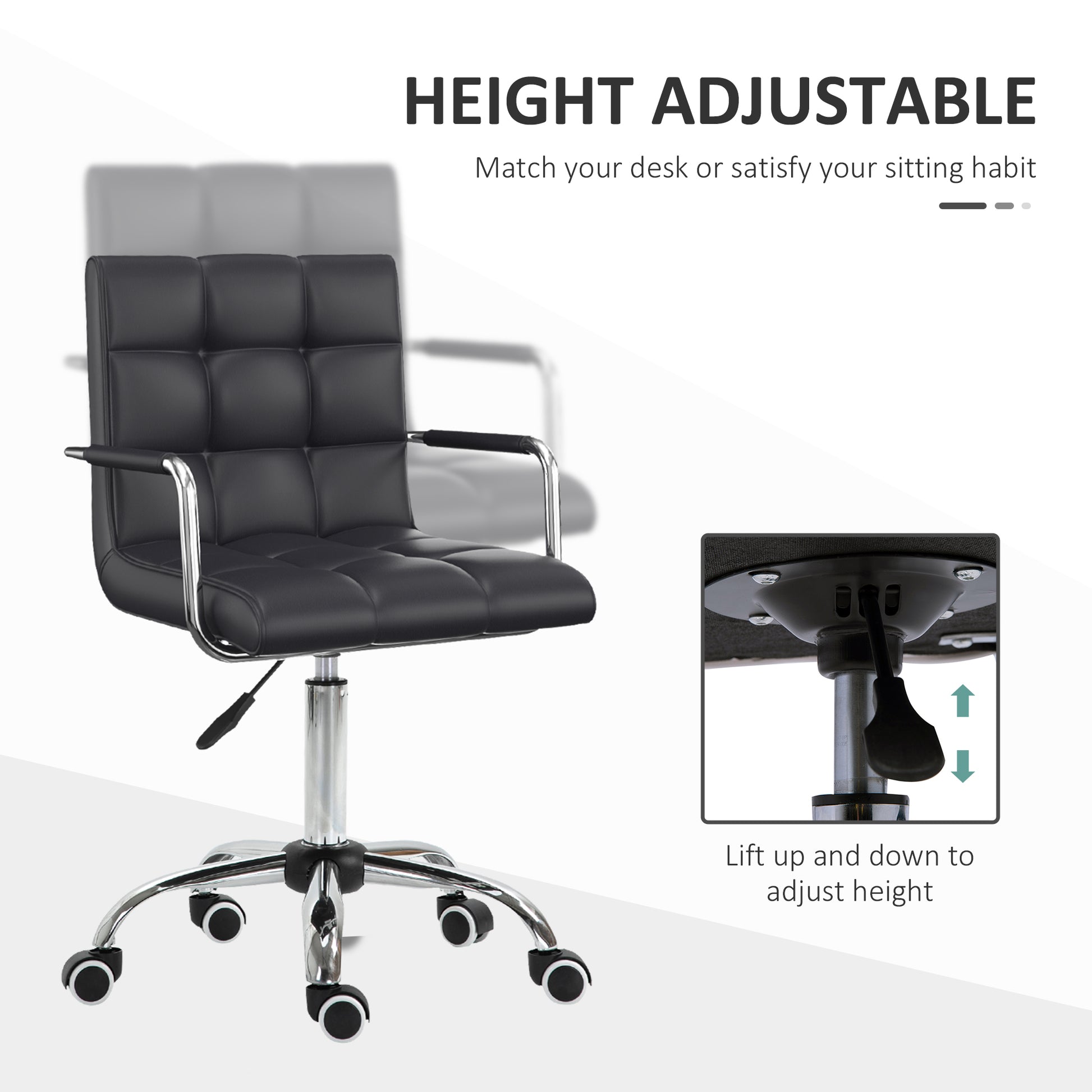 Homcom Home Office Chair, Modern Computer Desk Chair, Task Chair With Upholstered Pu Leather, Adjustable Height, Swivel Wheels, Black Black Faux Leather