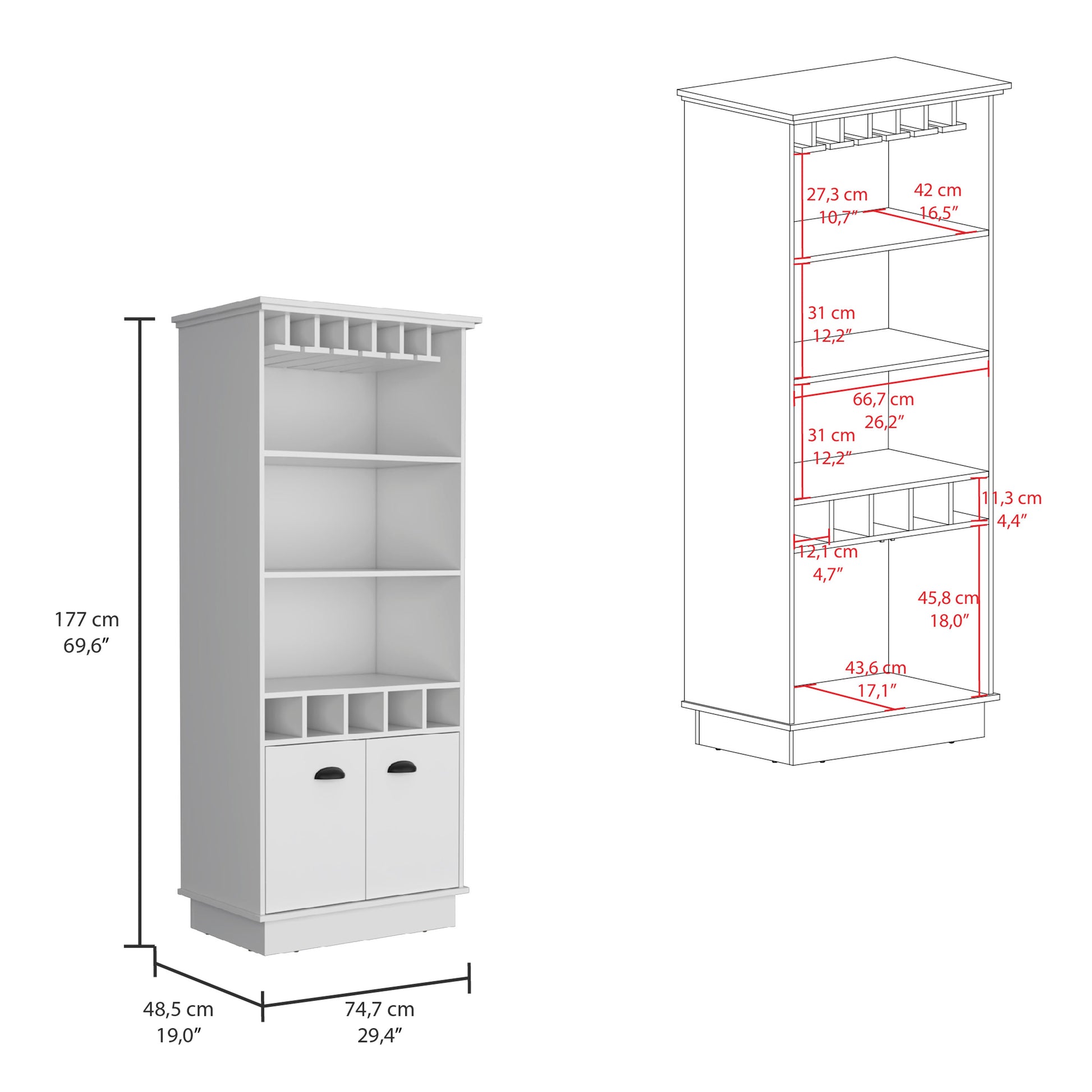 Dundee 70 Inch High 10 Glass Bar Cabinet With 5 Cubbies And 3 Open Shelves And Cabinet White White Modern Particle Board