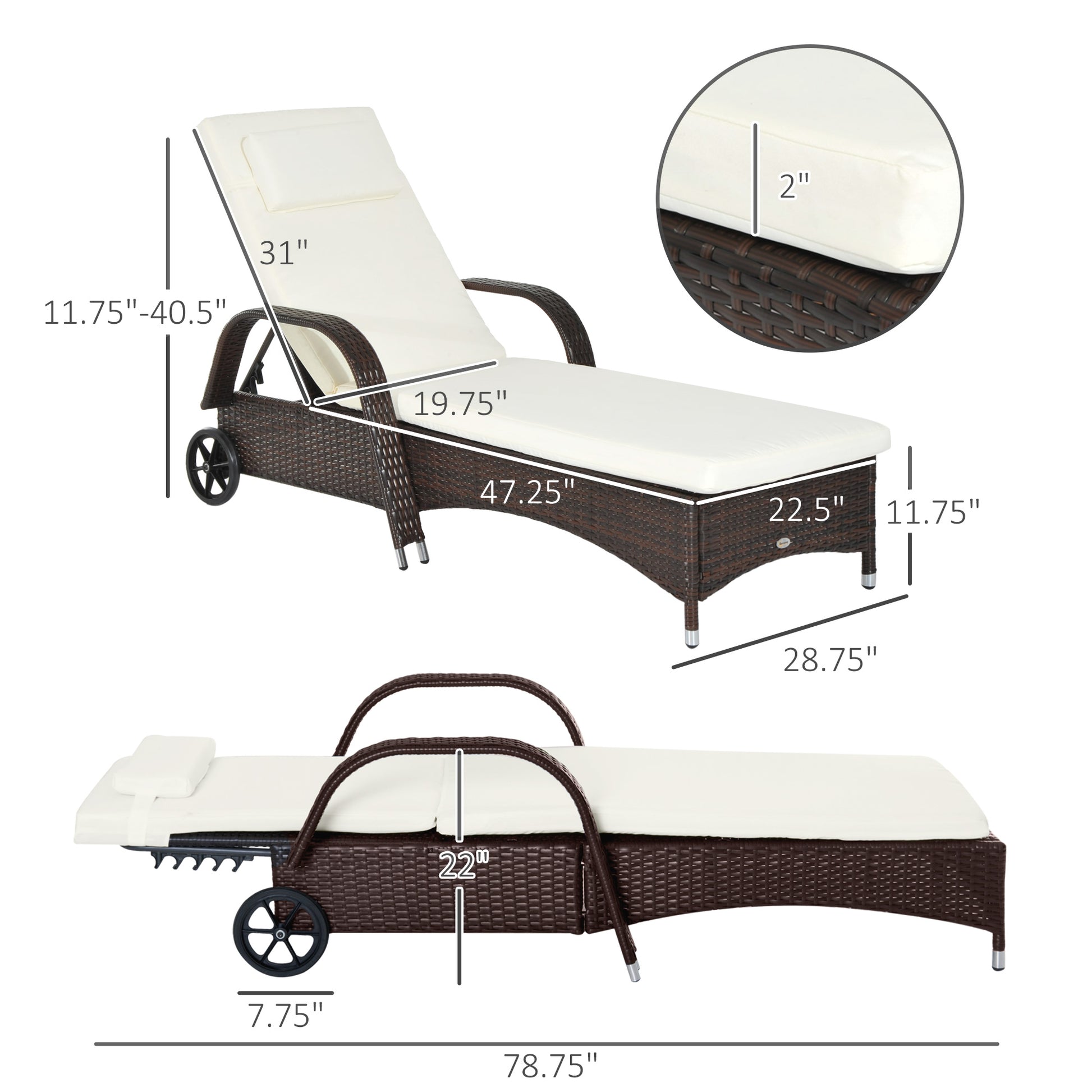 Outsunny Wicker Outdoor Chaise Lounge, 5 Level Adjustable Backrest Pe Rattan Pool Lounge Chair With Wheels, Cushion & Headrest, Brown And Cream White Brown Rattan