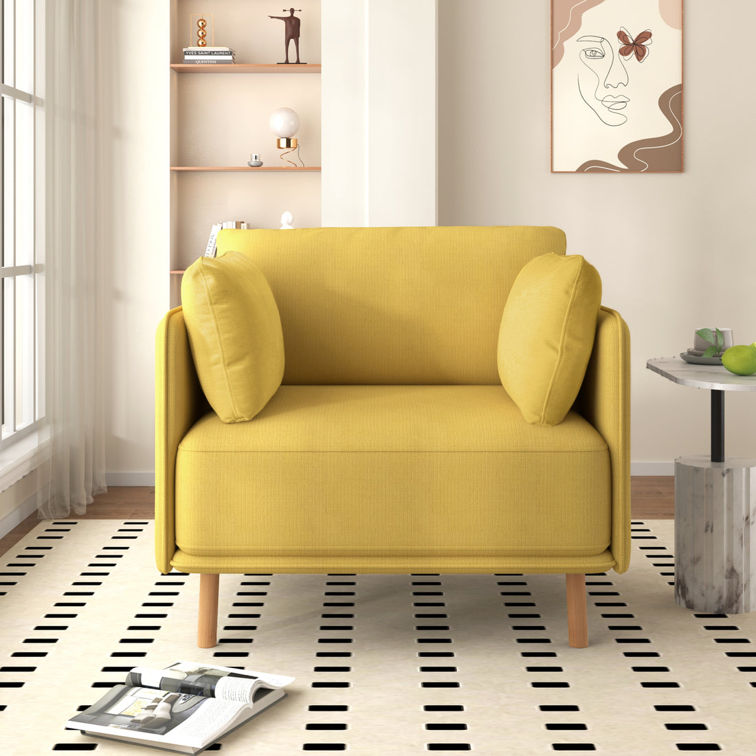 39" Modern Upholstered Accent Chair With Soft Cushions, Sleek Armrest Design And Sturdy Wooden Legs, Cozy Seating For Living Room, Bedroom, Or Office Lounge Yellow Metal,Polyester,Solid Wood Mdf