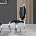 Dining Chair Set Of 2, Oval Back Carving Design With Stainless Steel Legs Black Pu