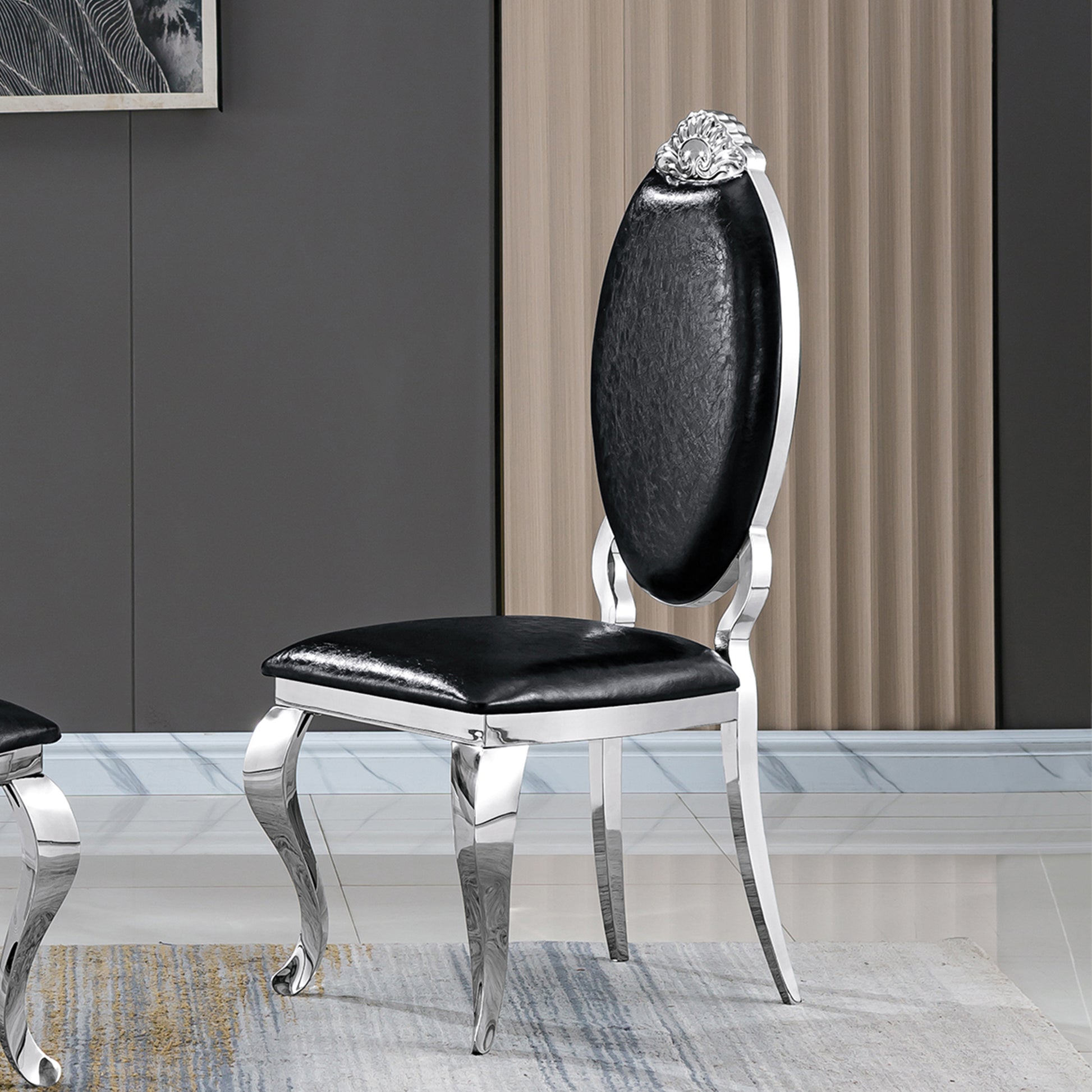 Dining Chair Set Of 2, Oval Back Carving Design With Stainless Steel Legs Black Pu