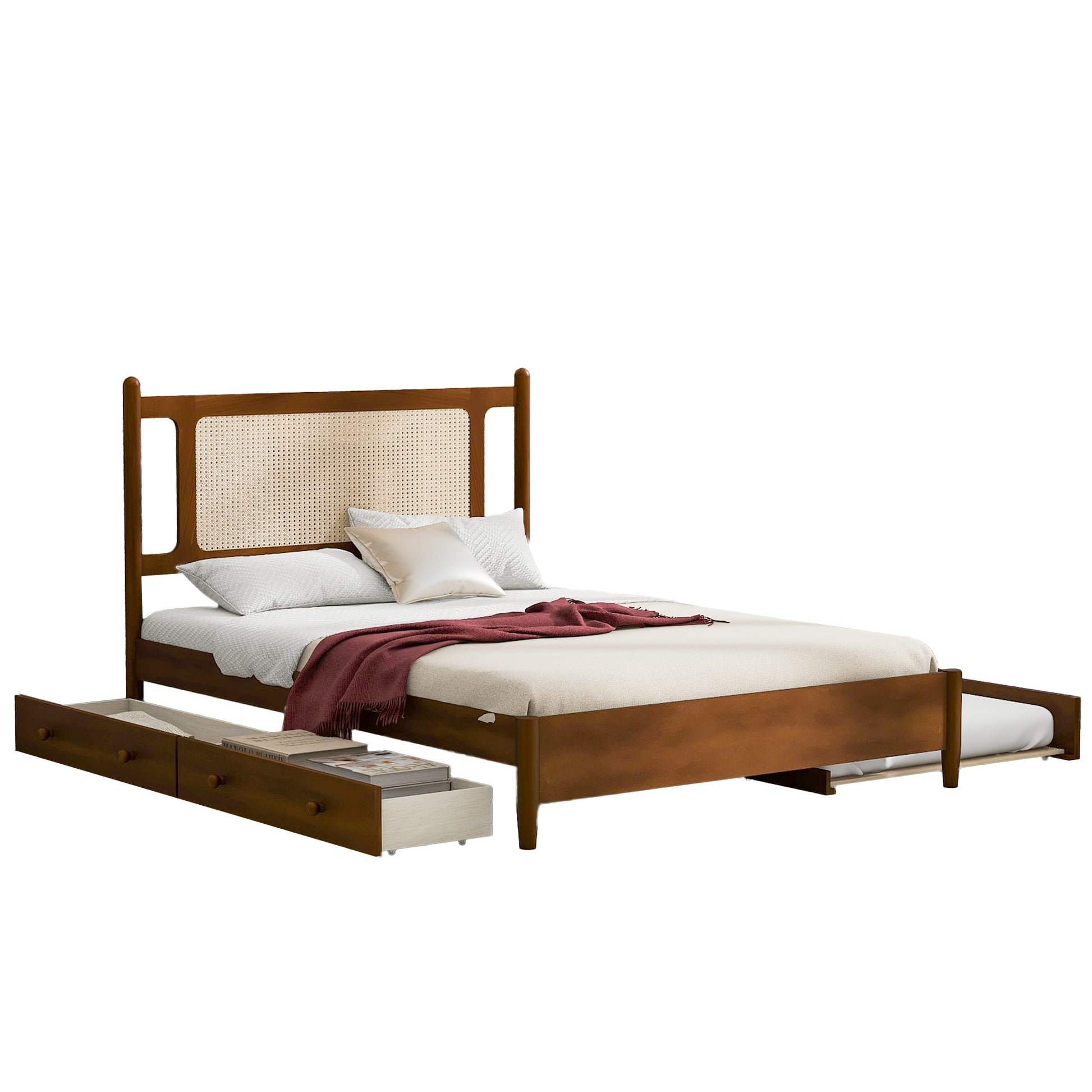Queen Size Wooden Rattan Platform Bed, With 2 Big Drawers, T Size Trundle, Brown Queen Brown Plywood