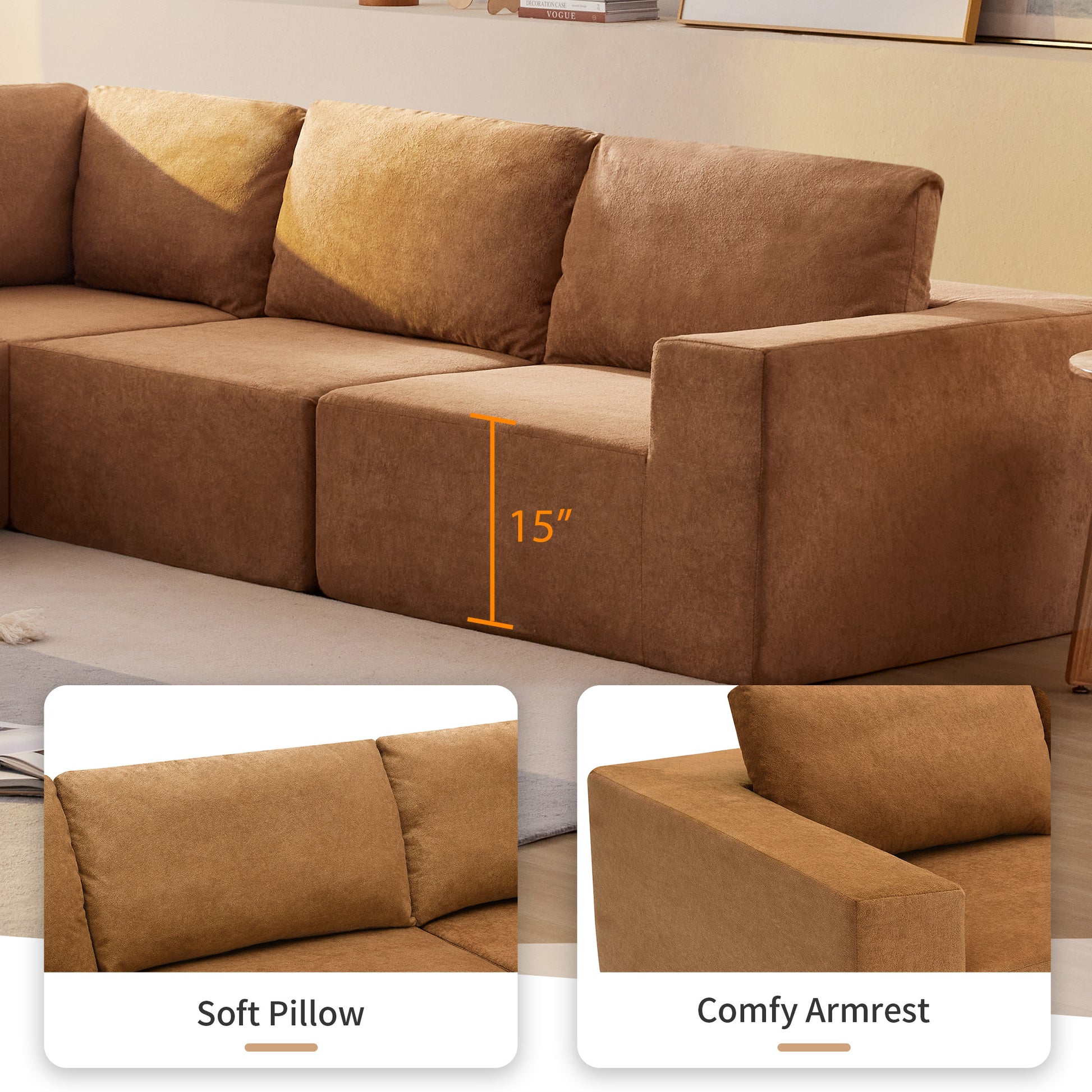 116*116" Modular L Shaped Sectional Sofa,Luxury Floor Couch Set,Upholstered Indoor Furniture,Foam Filled Sleeper Sofa Bed For Living Room,Bedroom,5 Pc Free Combination,3 Colors Brown Fabric 5 Seat