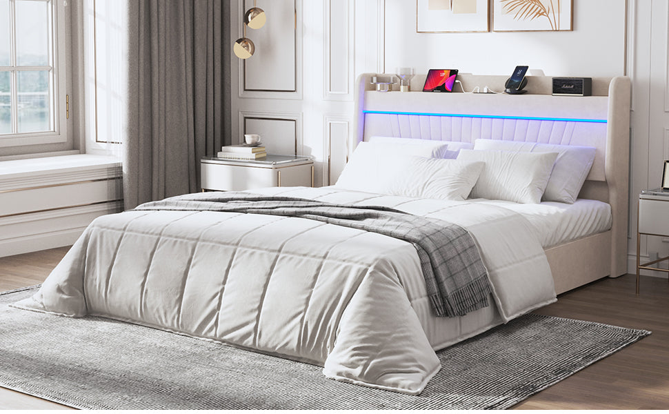 Queen Bed Frame With Storage Upholstered Headboard And 4 Drawers, Velvet Upholstered Platform Bed With Led Lights & Charging Station, Stable & Easy Assembly, No Box Spring Needed, Beige Box Spring