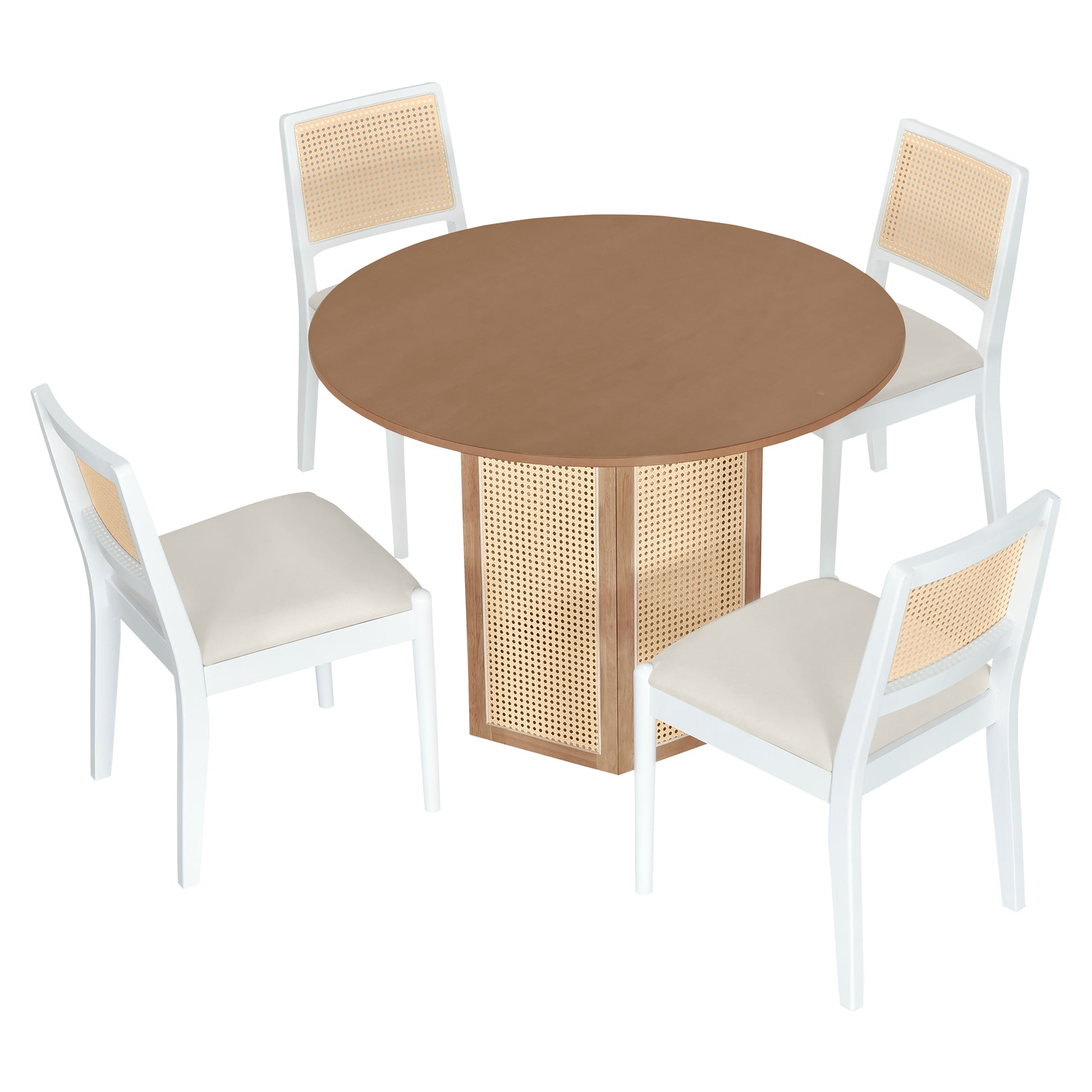5 Piece Rattan Round Dining Table Set, Wood Table With Hexagonal Base And Upholstered Chairs For Dining Room, Kitchen,Indoor Use, White Beige Wood Dining Room Solid Wood Rubberwood Round Dining Table With Chair Wood Wood White Seats 4 Traditional Round