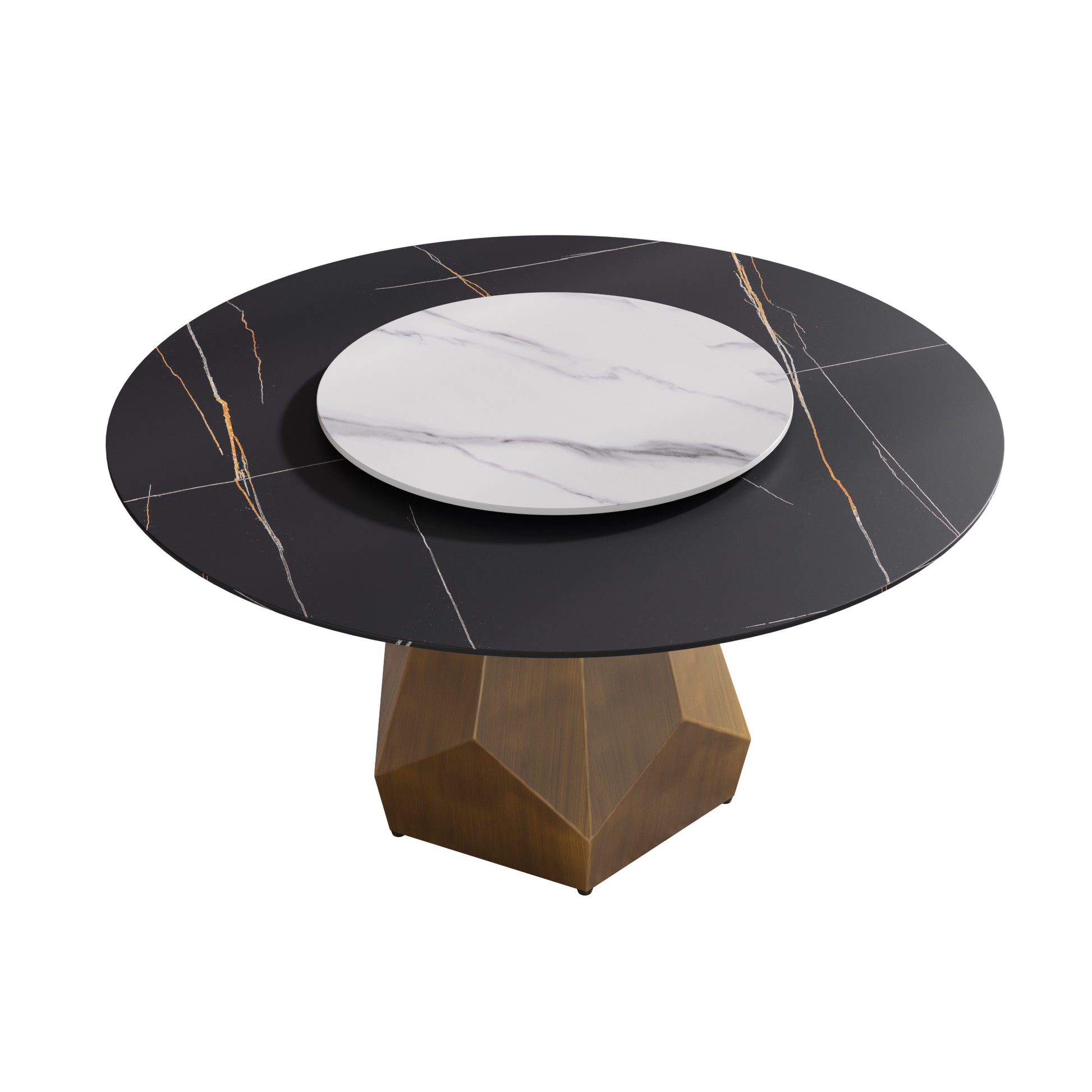 59.05" Round Marble Dining Table With Metal Base, Artificial Marble For 6 8 People, 31.5"White Artificial Stone Turntable,White&Black Dining Table Only Antique Brass,Black,White Metal Marble