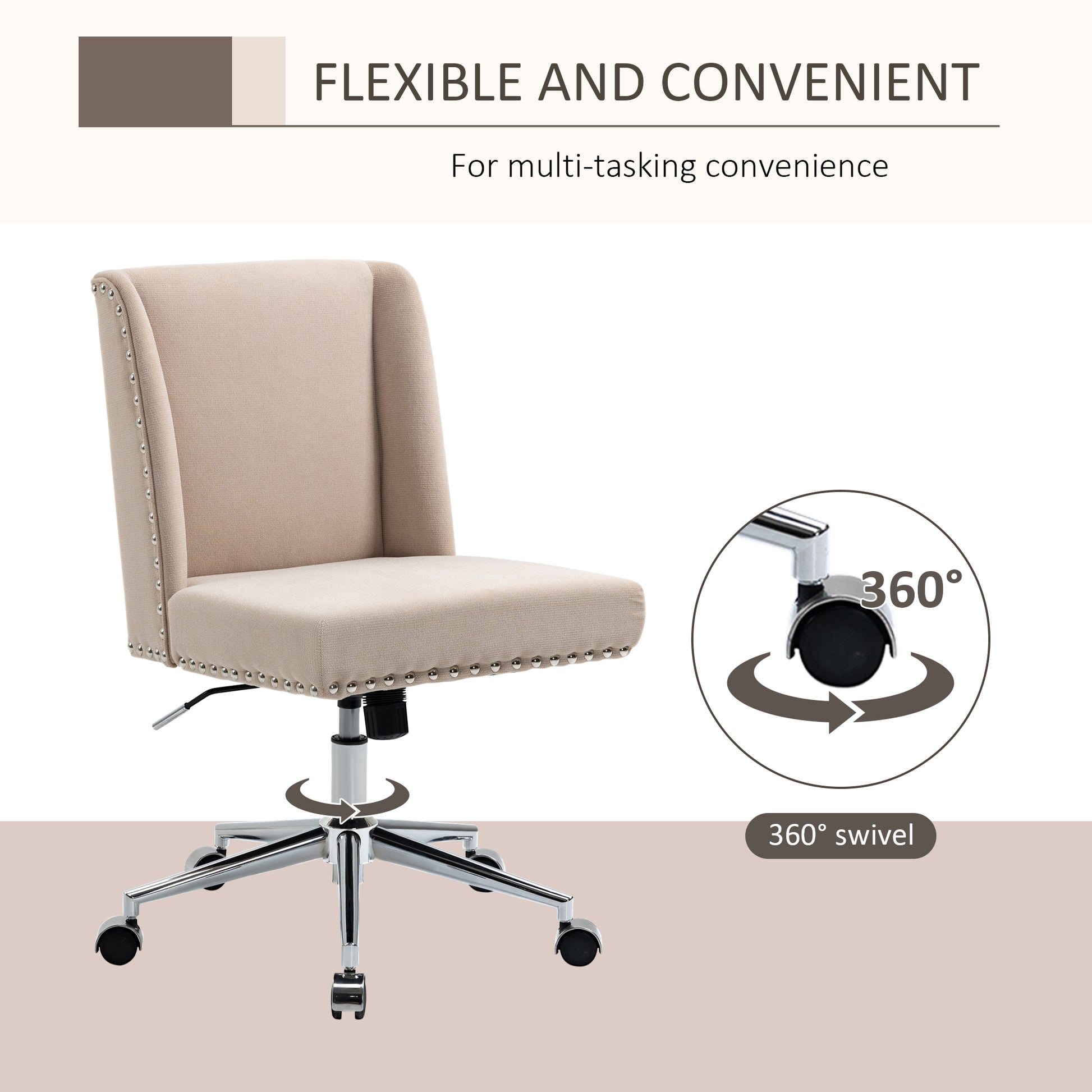 Vinsetto Mid Back Home Office Chair, Task Chair With Tilt, 360 Swivel, Padded Desk Chair With Adjustable Height, Beige Beige Steel