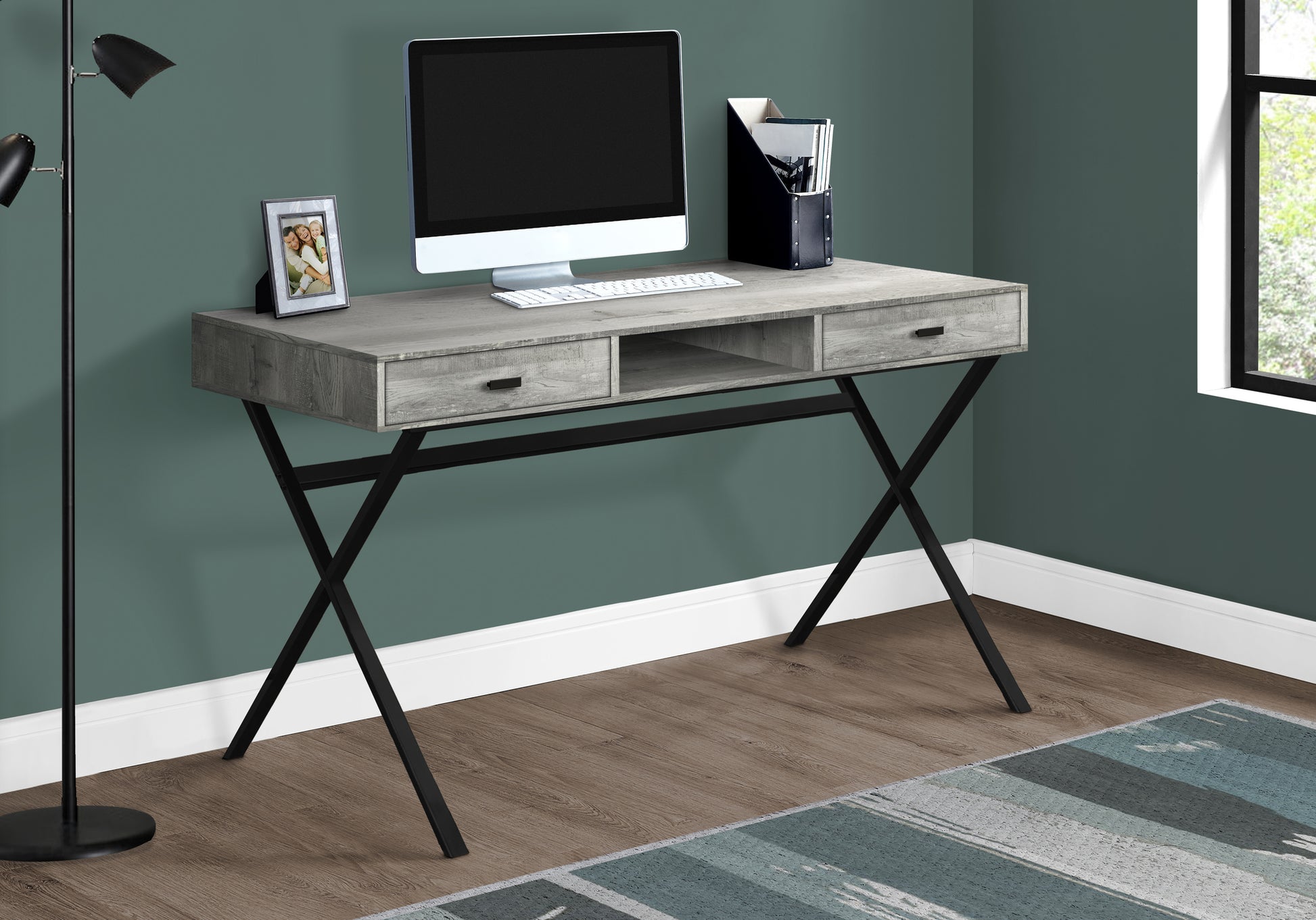 Computer Desk, Home Office, Laptop, Storage Drawers, 48"L, Work, Grey Laminate, Black Metal, Contemporary, Modern Grey Particle Board