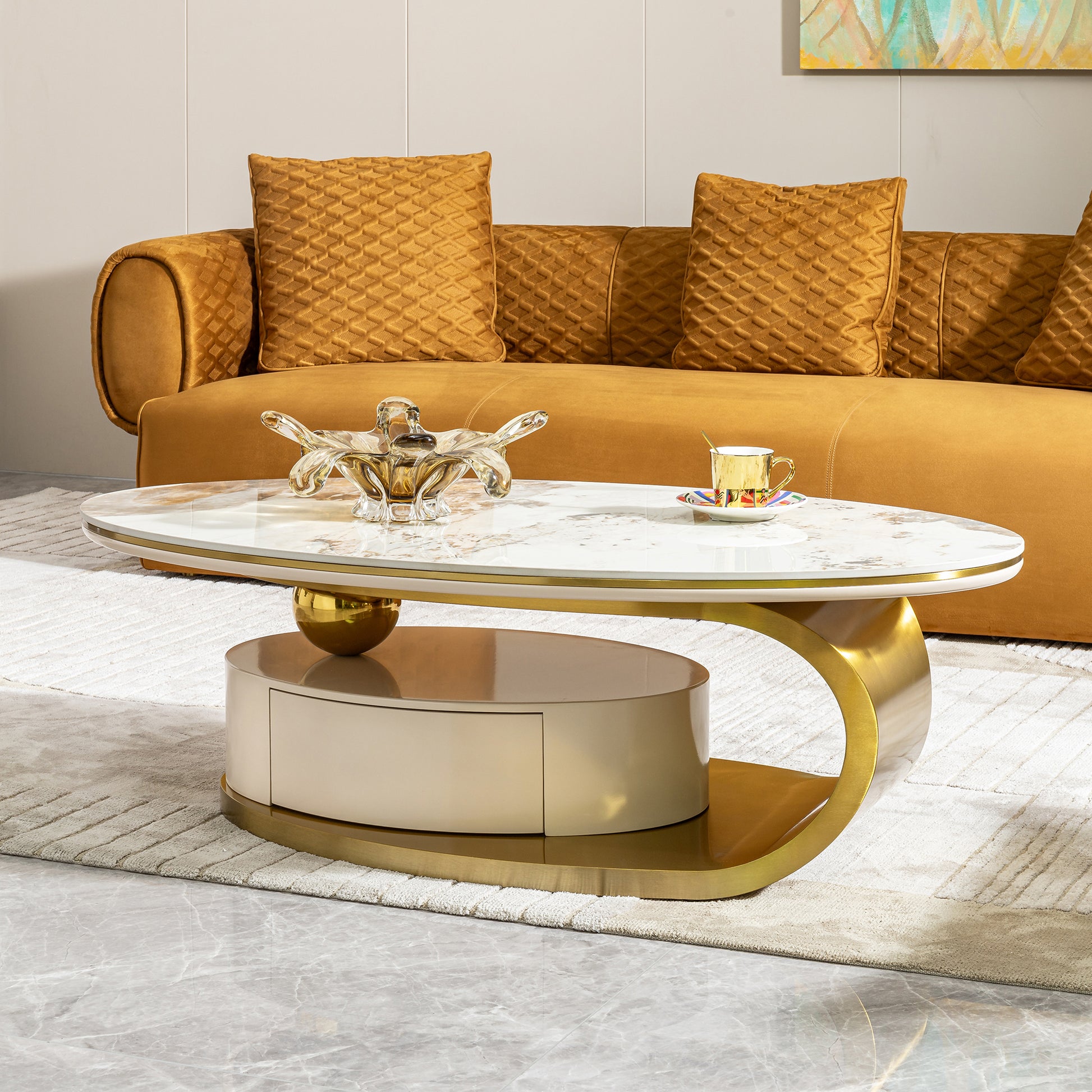 Modern 0.47" Thickness Sintered Stone Coffee Table With 2 Drawers,Matt Gold Stainless Steel Base Gold Primary Living Space Modern Drawers Coffee & End Tables Oval Stainless Steel