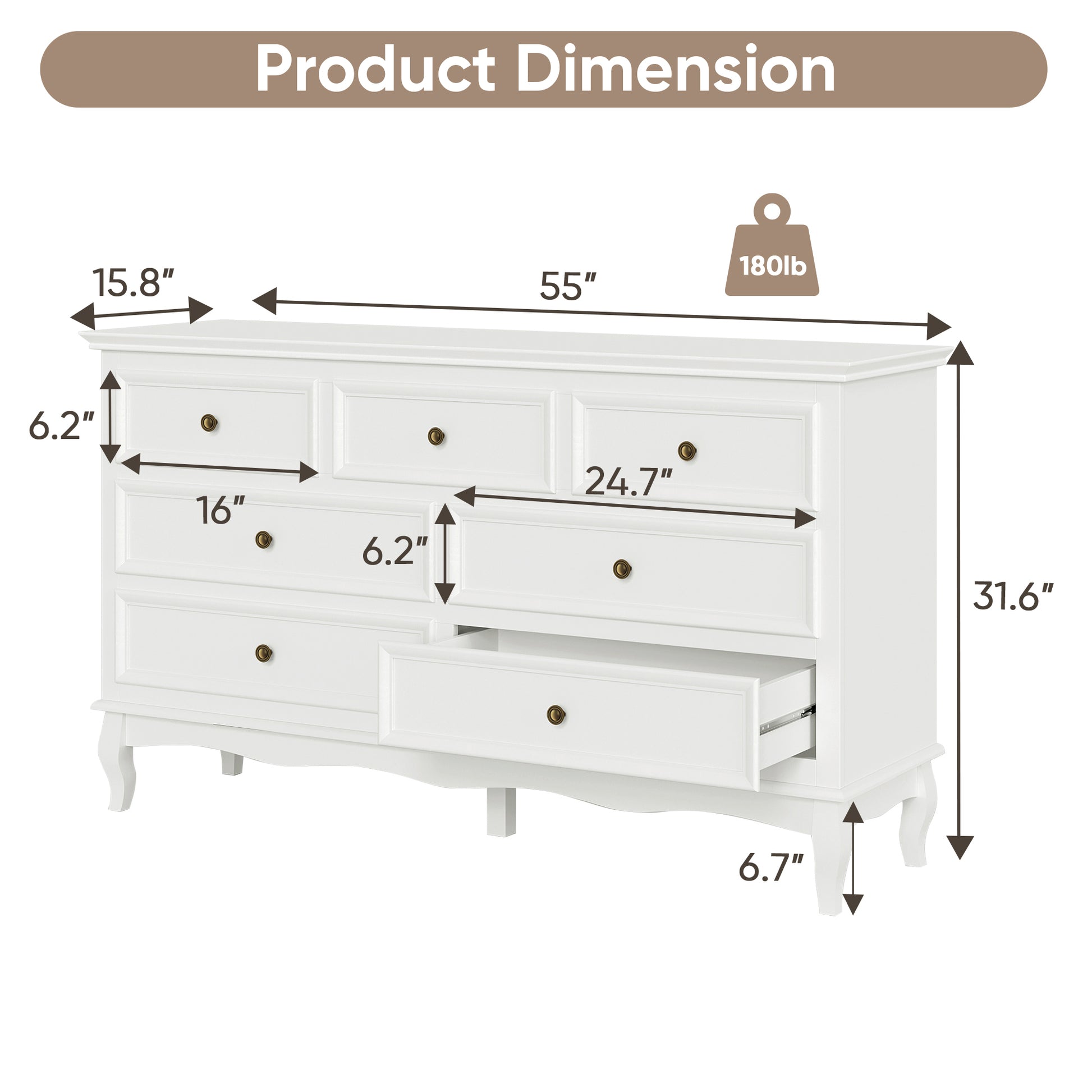 7 Drawer Dresser For Bedroom, Modern Solid Wood Large Storage Cabinet, Simple White Chest Of Drawer White White Wood