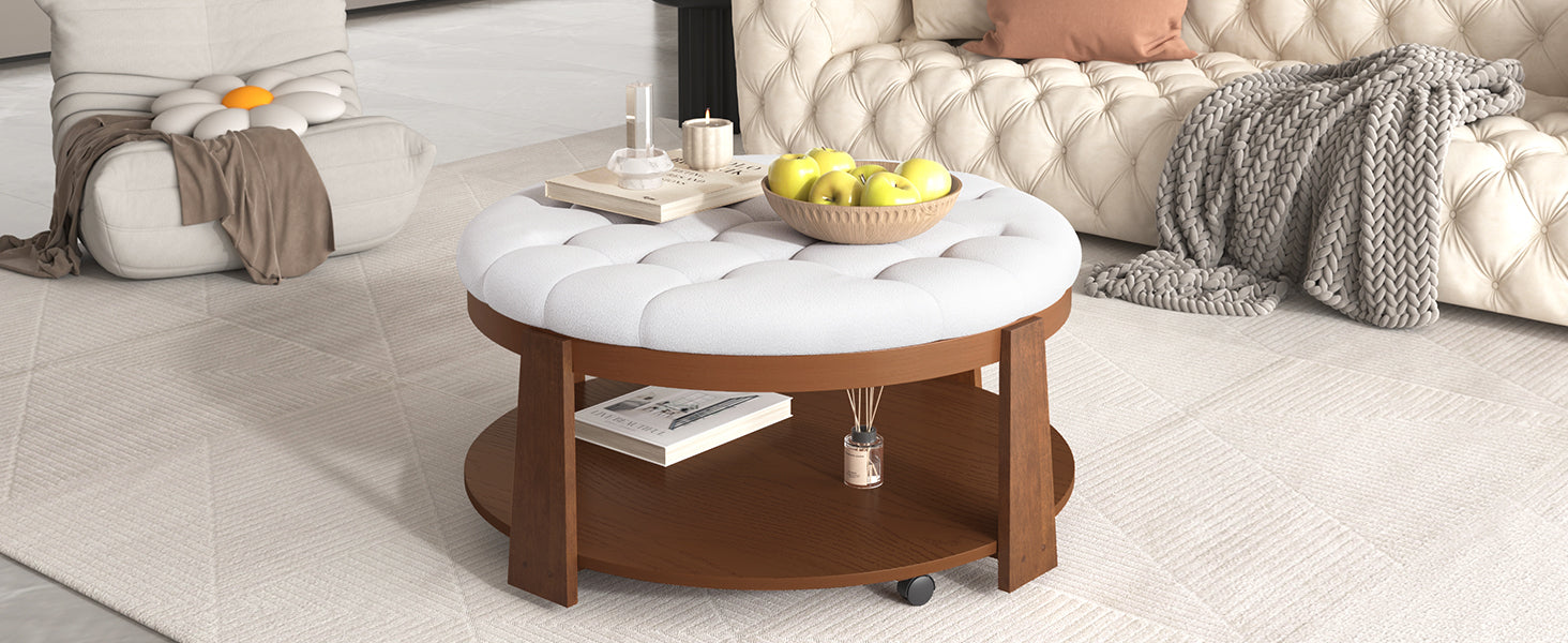 Modern Large Round Ottoman Coffee Table 2 Tier Oversized Button Tufted Ottoman With Wood Shelf Storage Upholstered Coffee Table For Living Room Footrest Ottoman With Wheel, Waterproof Linen Ivory White Rubber Wood