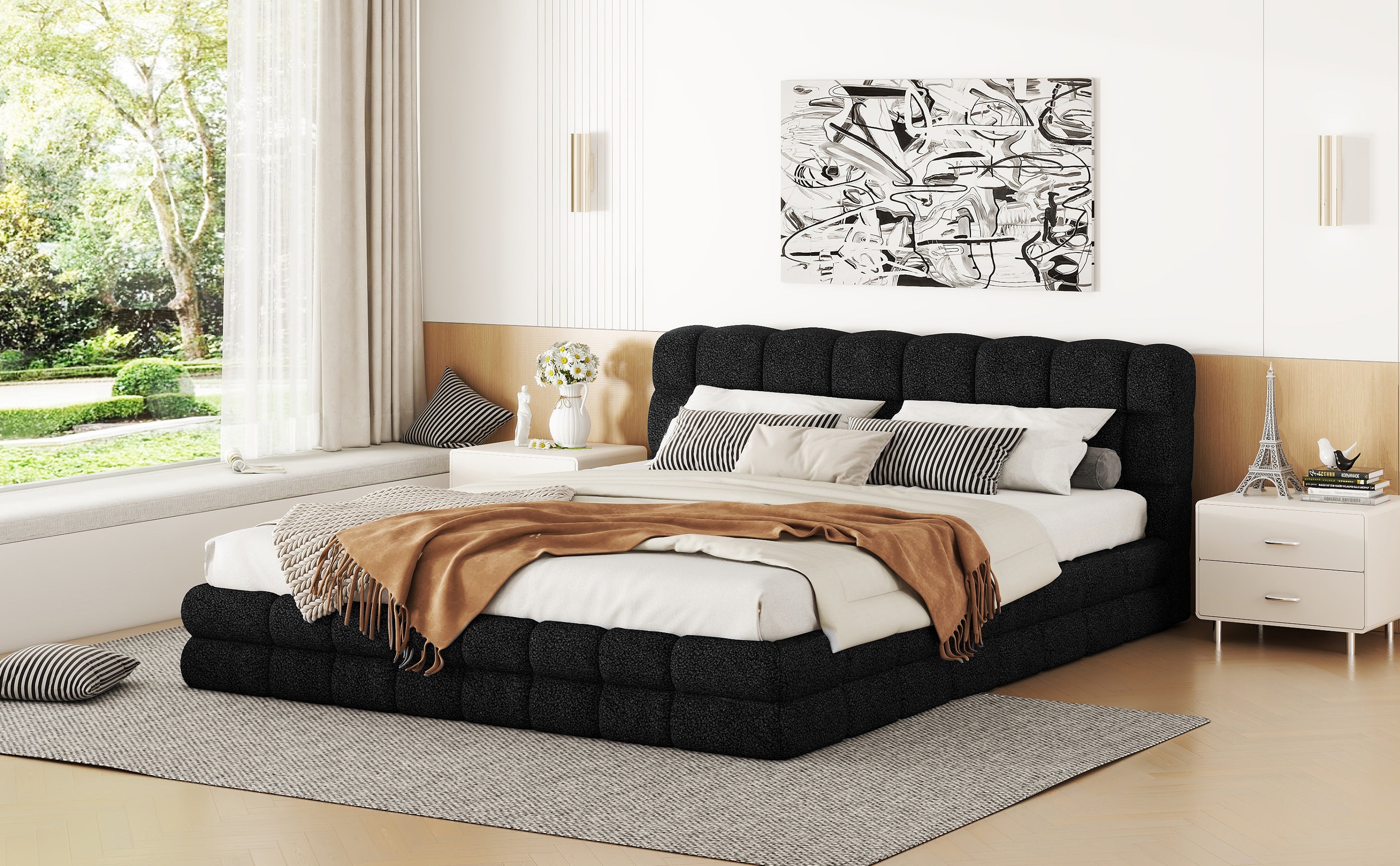 Queen Size Upholstered Platform Bed, Black Box Spring Not Required Que