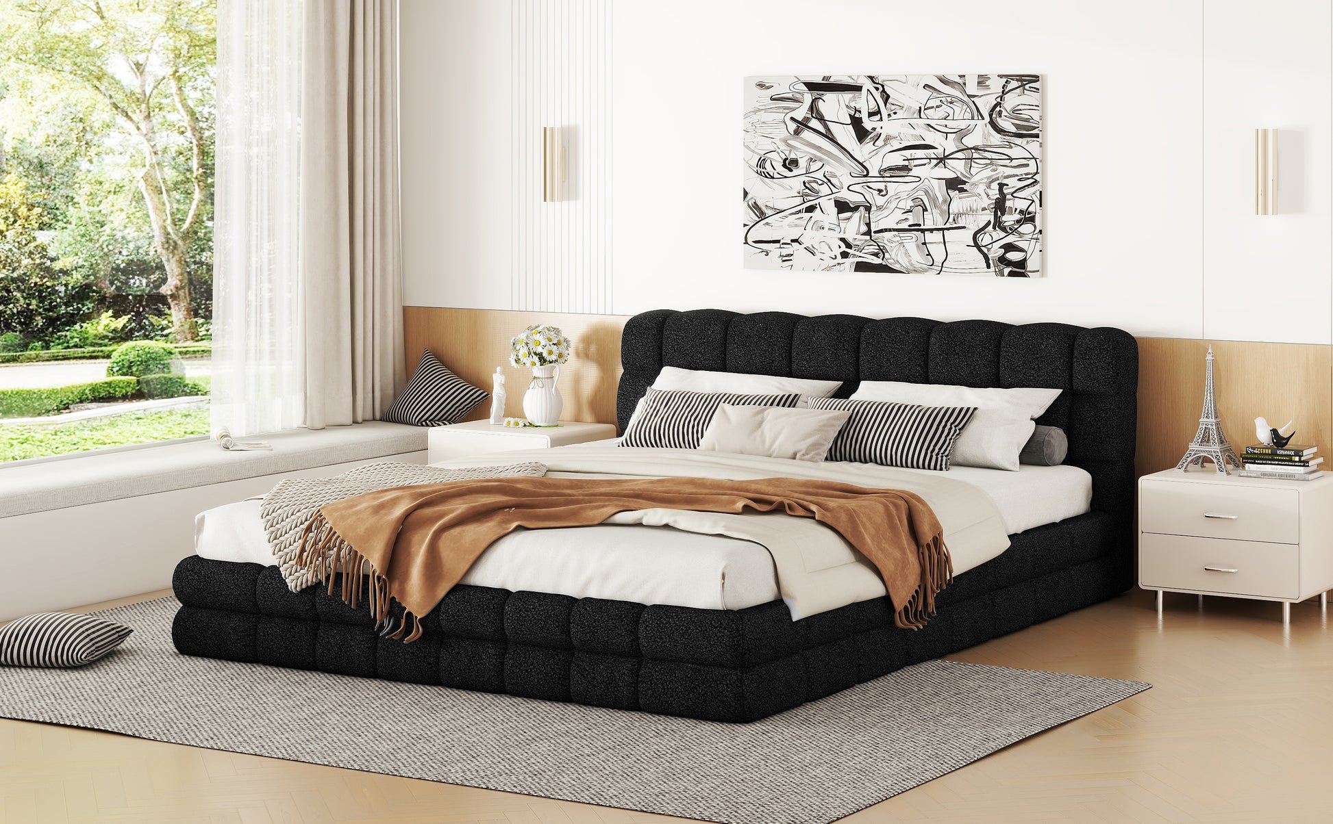 Queen Size Upholstered Platform Bed, Black Box Spring Not Required Queen Black Wood Bedroom Bed Frame Upholstered