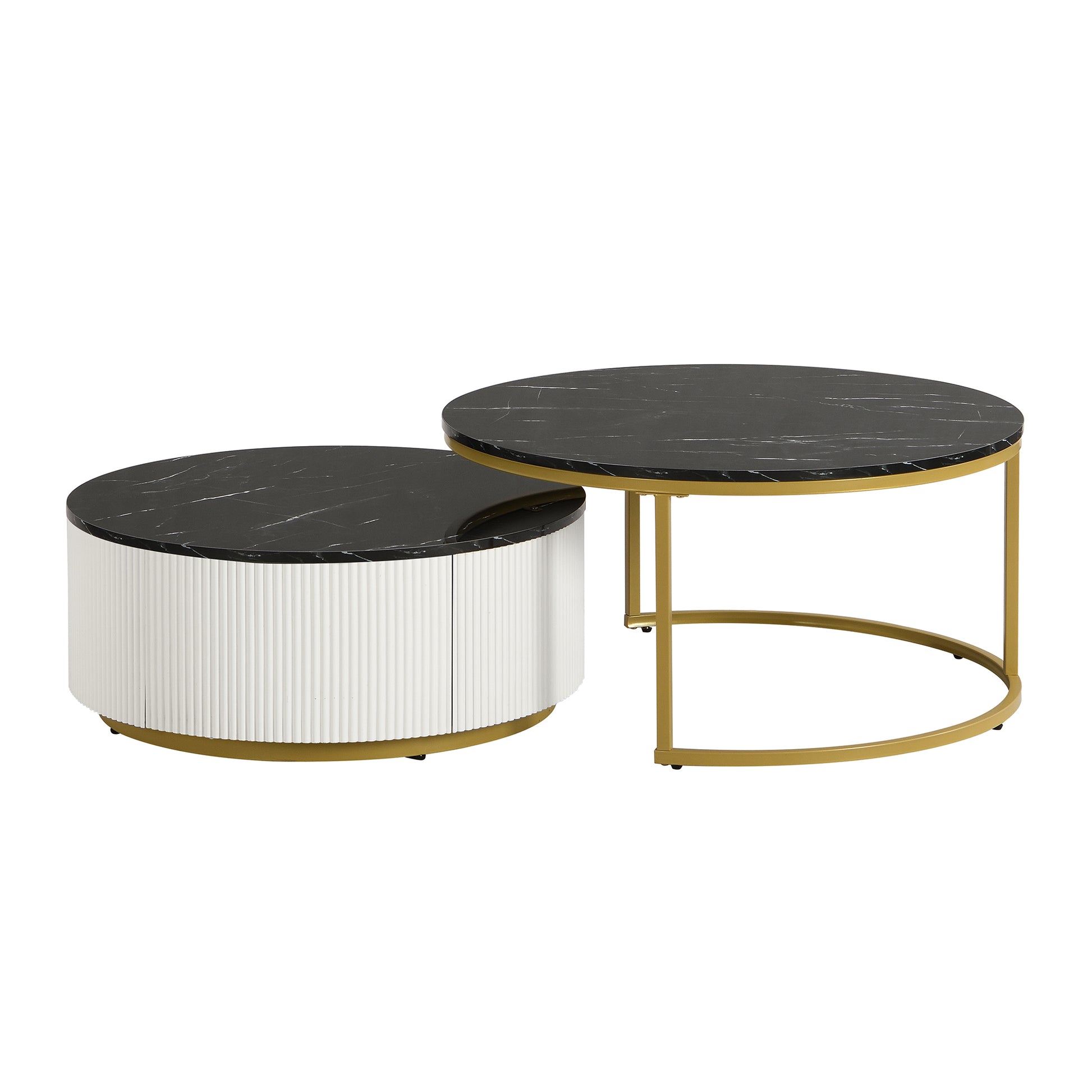 Modern Round Nesting Coffee Table Fluted With Drawer In Black & Gold In 31.5'' Golden Black Drawers Coffee & End Tables Glossy Round Metal Mdf Pedestal