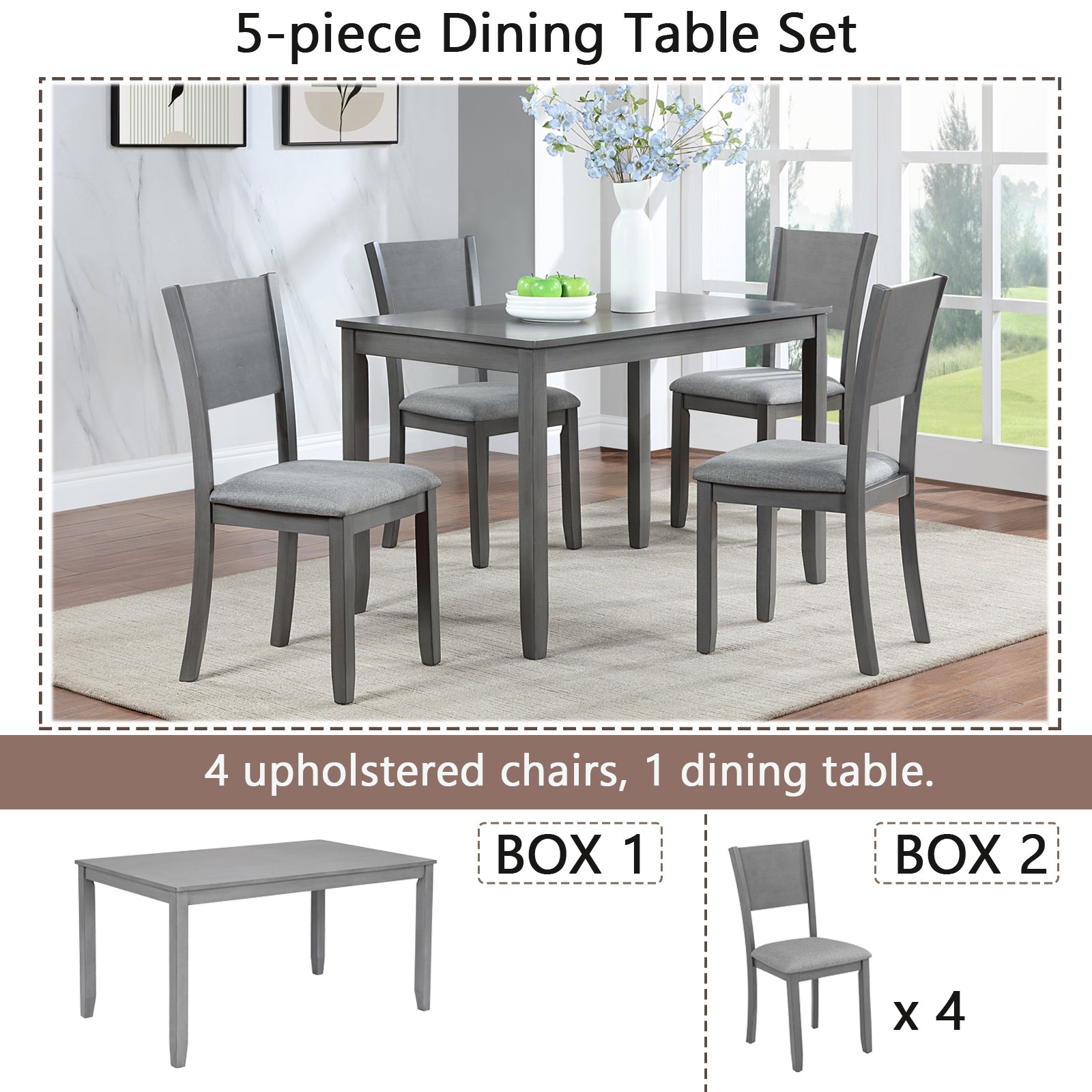 5 Piece Modern Dining Set, Rectangular Wooden Dining Table With 4 Upholstered Chairs For Kitchen, Dining Room, Gray Wood Gray Seats 4 Gray Wood Dining Room Acacia 4 Leg Rectangular Dining Table With Chair Acacia Wood