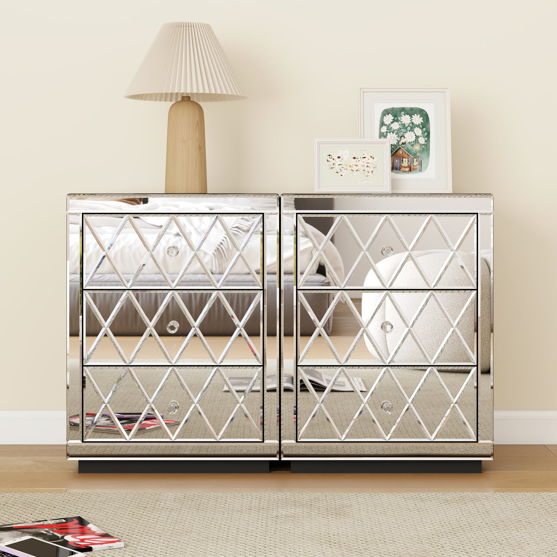 Table De Chevet Miroir Avec 3 Tiroirs, Table De Nuit Avec Grille Design, Chevet De Lit Pour S'Adapter Tous Les Lits Et Chambres Coucher, 66 X 44 X 35 Cm, Argent Silver 3 Drawers Bedroom Drawer