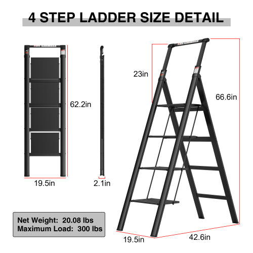 4 Step Ladder, Retractable Handgrip Folding Step Stool With Anti Slip Wide Pedal, Aluminum Step Ladders 4 Steps, 300Lbs Safety Household Ladder Black Aluminium