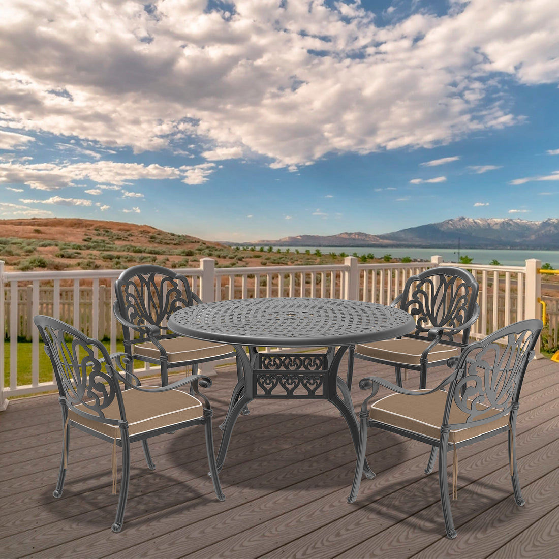 Cushions In Random Colors 5 Piece Set Of Cast Aluminum Patio Furniture With Cushions Yes Dining Set Black Seats 4 Rust Resistant Frame Water Resistant Cushion Garden & Outdoor Complete Patio Sets Aluminium