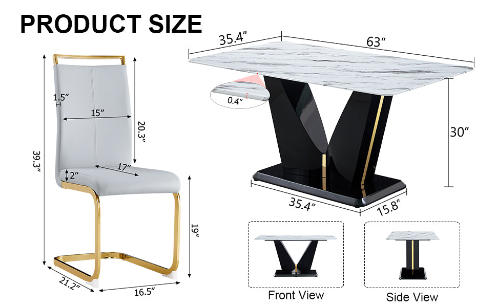 Table And Chair Set, White Imitation Marble Texture Glass Tabletop, Black Mdf Table Legs, Stable And Beautiful. Modern Simple Dining Table, Comfortable Seating. Black Grey Seats 4 Mdf Glass