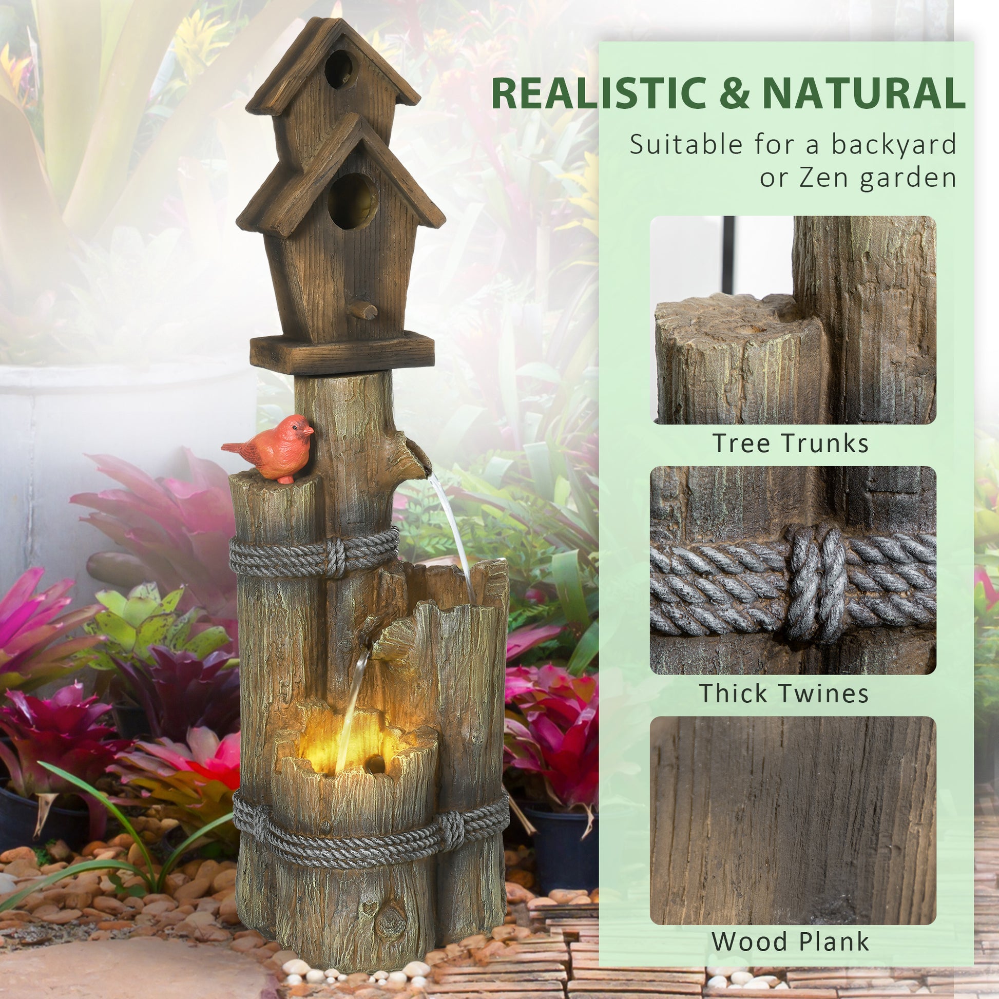 Outsunny Outdoor Fountain With Birdhouse, Cascading Garden Waterfall Bird Bath With 3 Tier Rustic Tree Trunk Log Design, Led Lights For Porch, Deck, Yard Decor, Brown Brown Resin