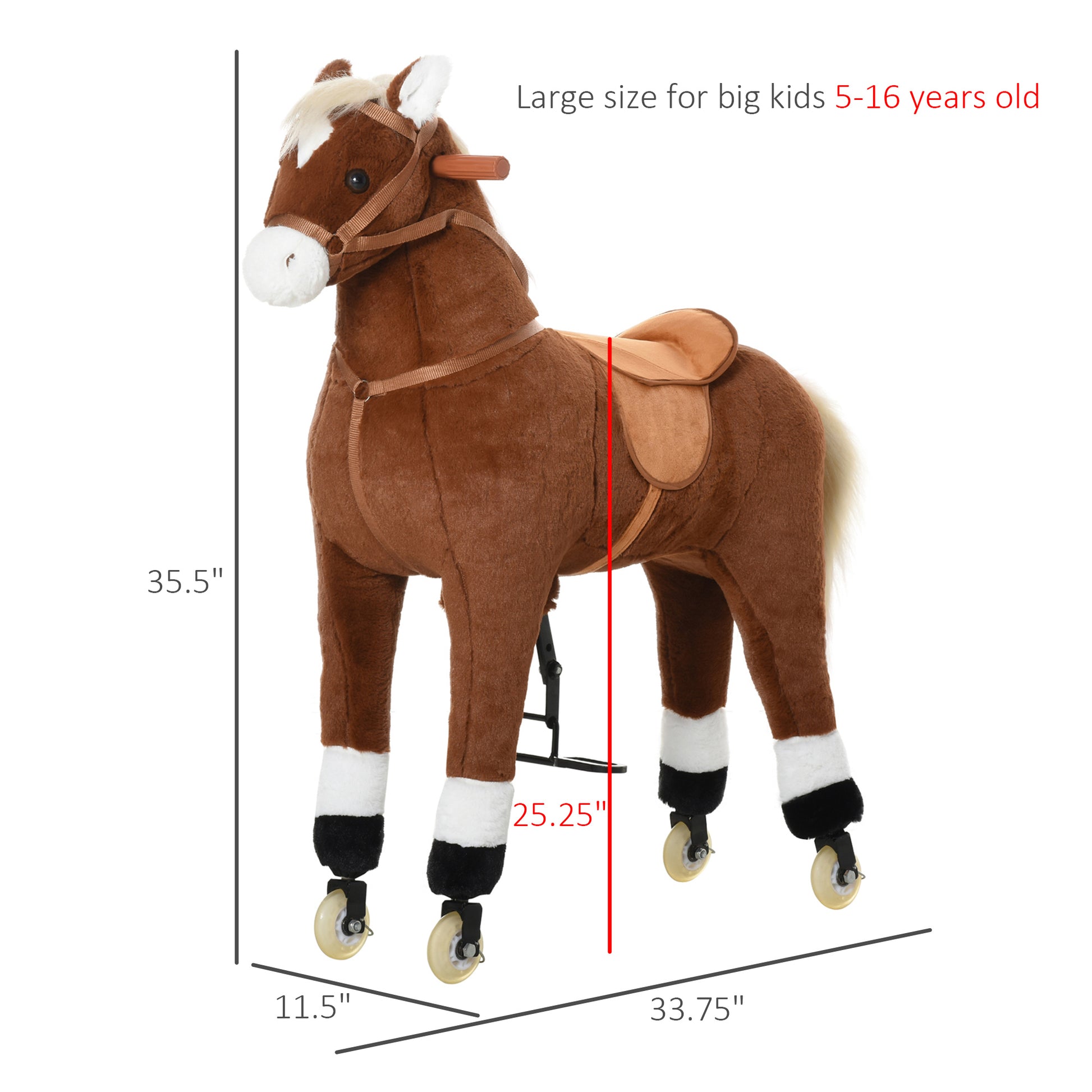 Qaba Kids Ride On Walking Horse With Easy Rolling Wheels, Soft Huggable Body, & A Large Size For Kids 5 16 Years Brown Plush