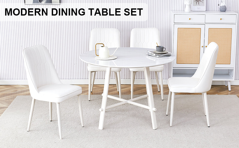 Table And Chair Set, Mdf Desktop, White Metal Table Legs, Stable And Beautiful, Suitable For Most Styles Of Home. Modern Simple Dining Table, Comfortable Seating. White Seats 4 Mdf