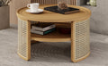 2 Tiered Round Natural Wood Coffee Table With Storage Rattan Base In 31.3'' Natural Rubber Wood
