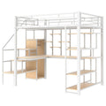 Full Size Metal Loft Bed With Storage Staircase And Small Wardrobe, Built In Desk And Storage Shelves, White Full White Metal