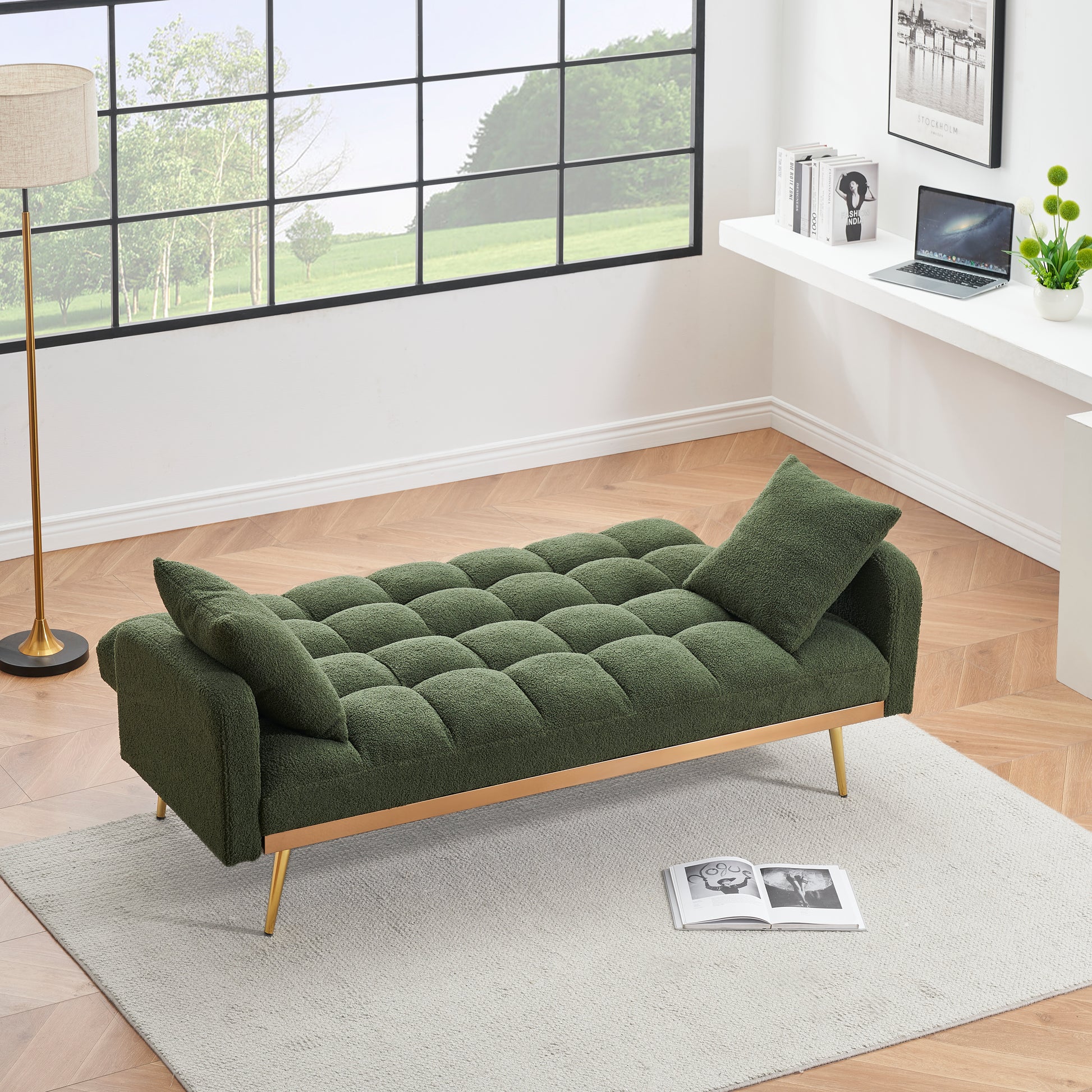 69 "Green Sofa Bed, Adjustable Sofa Teddy 2 Throw Pillows Green Fabric 2 Seat