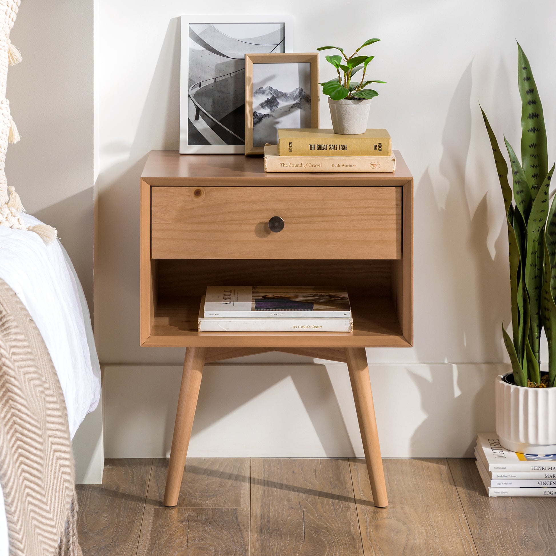 Mid Century Solid Wood 1 Drawer Nightstand Natural Pine Natural Wood Pine