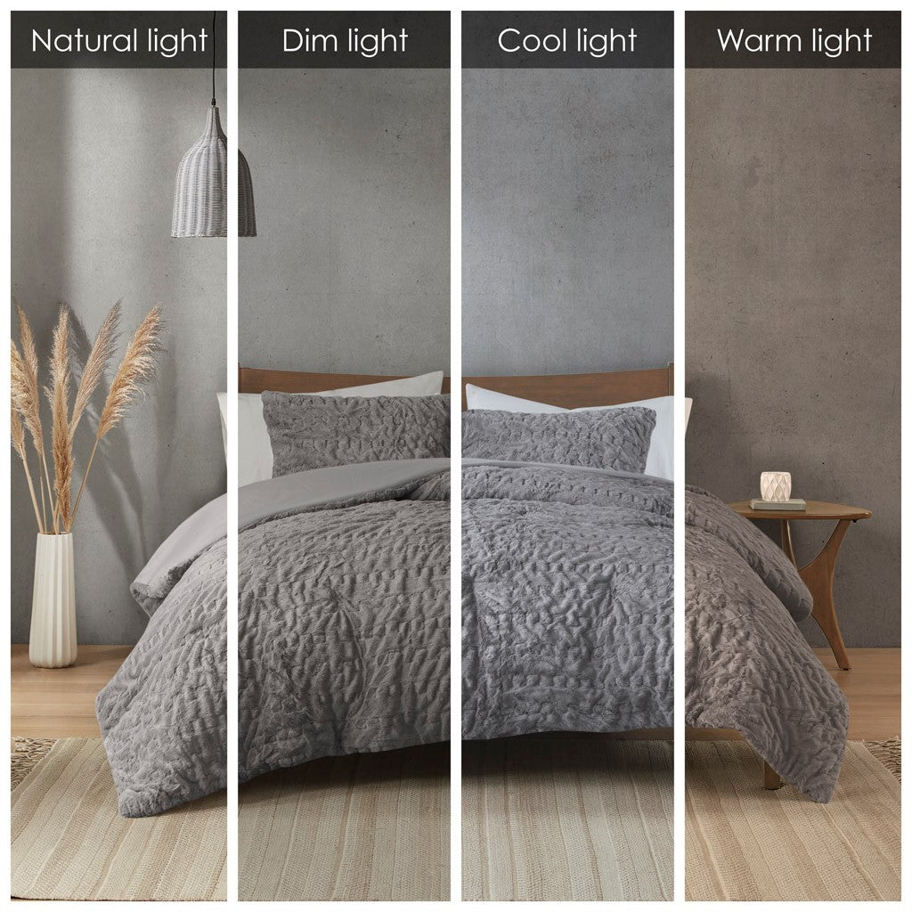 Ruched Fur Down Alternative Comforter Set King Grey Polyester