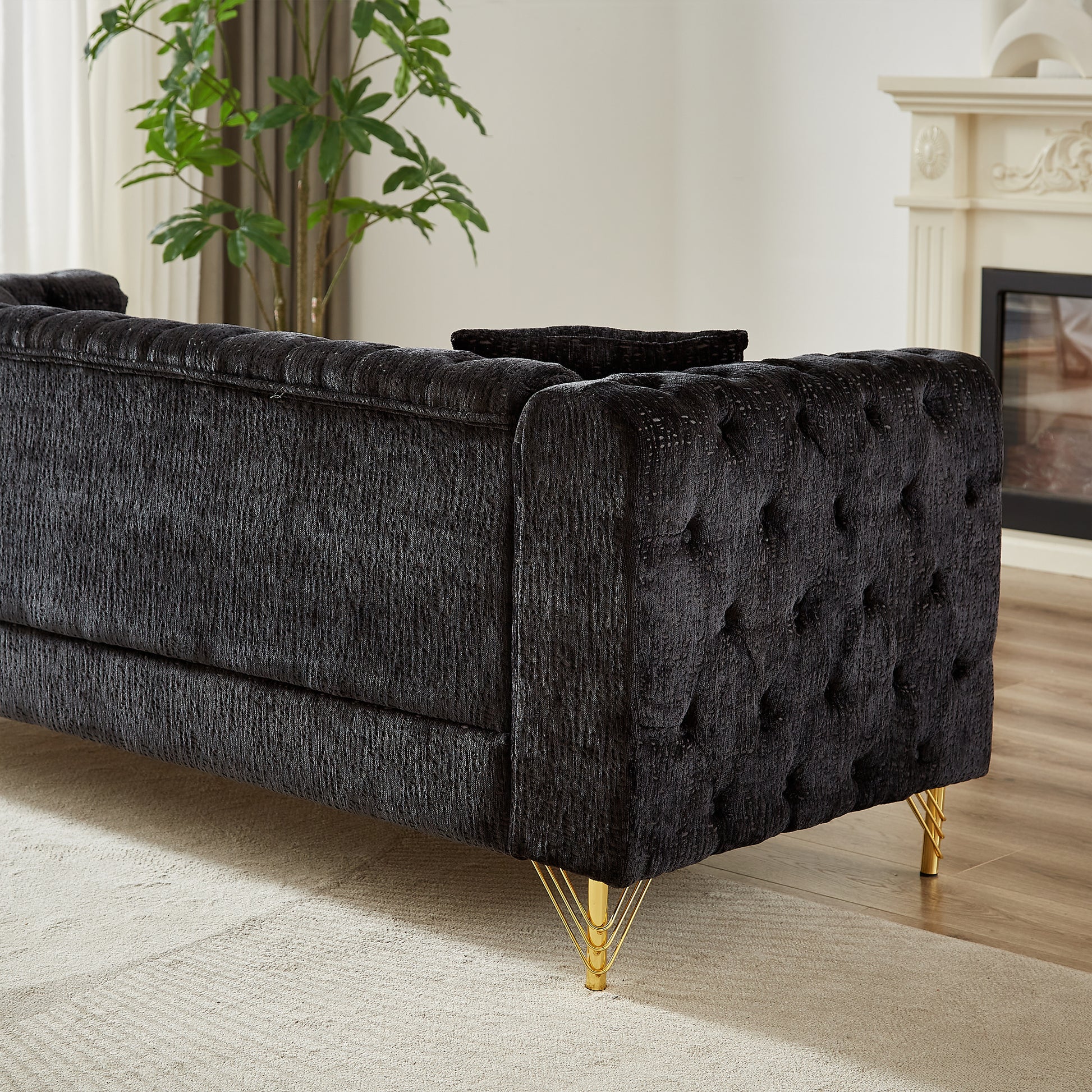 Chenille Pull Buckle Design Sofa For Living Room,Buttons Tufted With Copper Nail Decoration Armrest, Modern Couch Upholstered Button And Metal Legs Black Foam Chenille 6 Seat