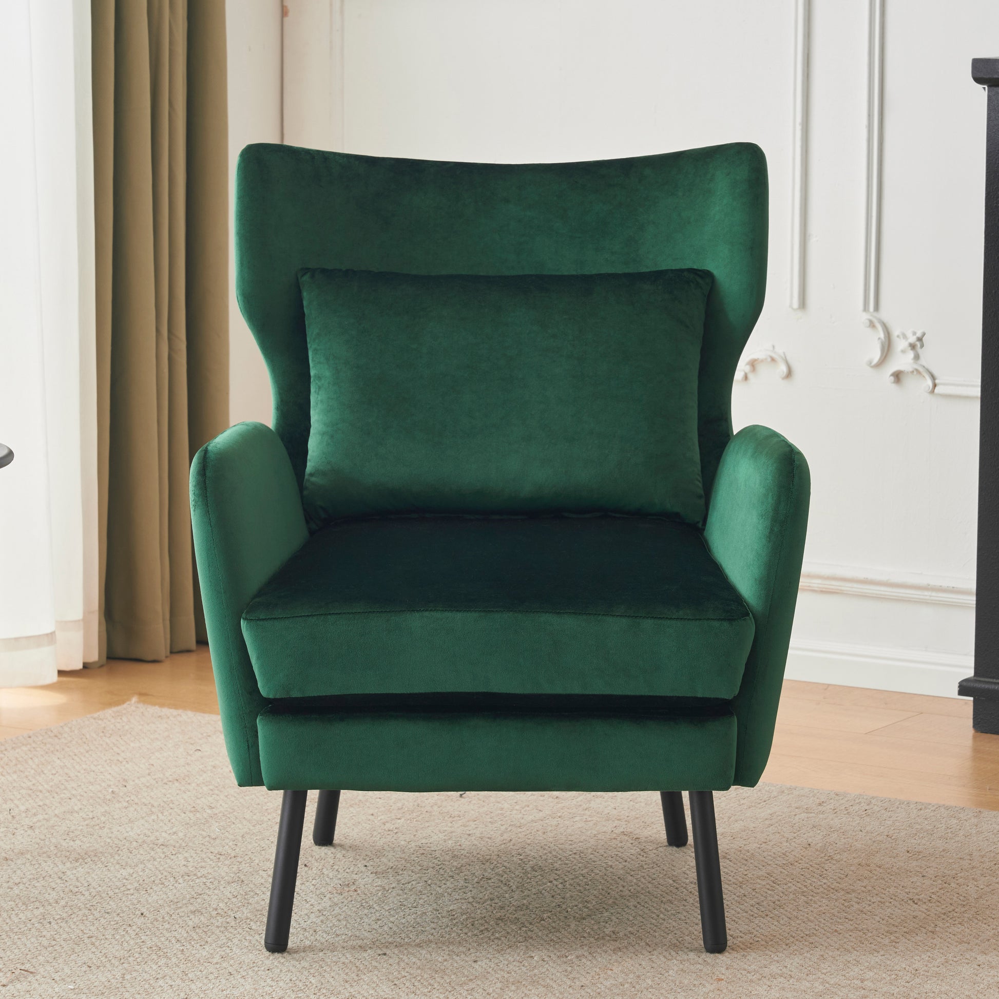 Wing Back Velvet Accent Chair, Modern Living Room Armchair Comfy Upholstered Single Sofa Chair For Bedroom Dorms Reading Reception Room With Metal Legs & Pillow, Green Green Velvet