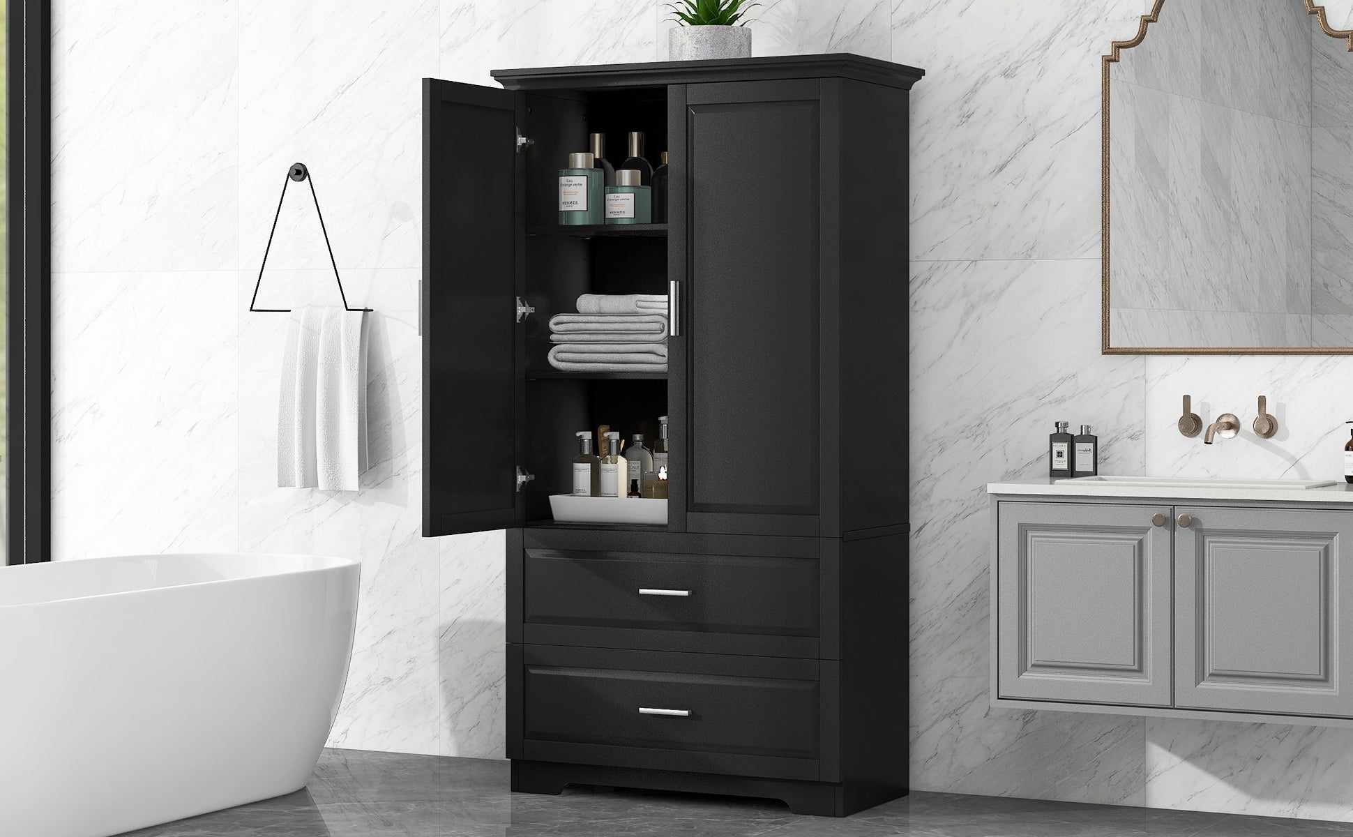 Tall Bathroom Storage Cabinet, Cabinet With Two Doors And Drawers, Adjustable Shelf, Mdf Board, Black Black Mdf