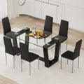 Table And Chair Set.A Rectangular Dining Table Features With Tempered Glass Top And Sleek Black Mdf Stand.Paried With 6 Pu Chairs With Checkered Armless High Back And Electroplated Metal Legs. Black,Transparent Seats 6 Mdf Glass