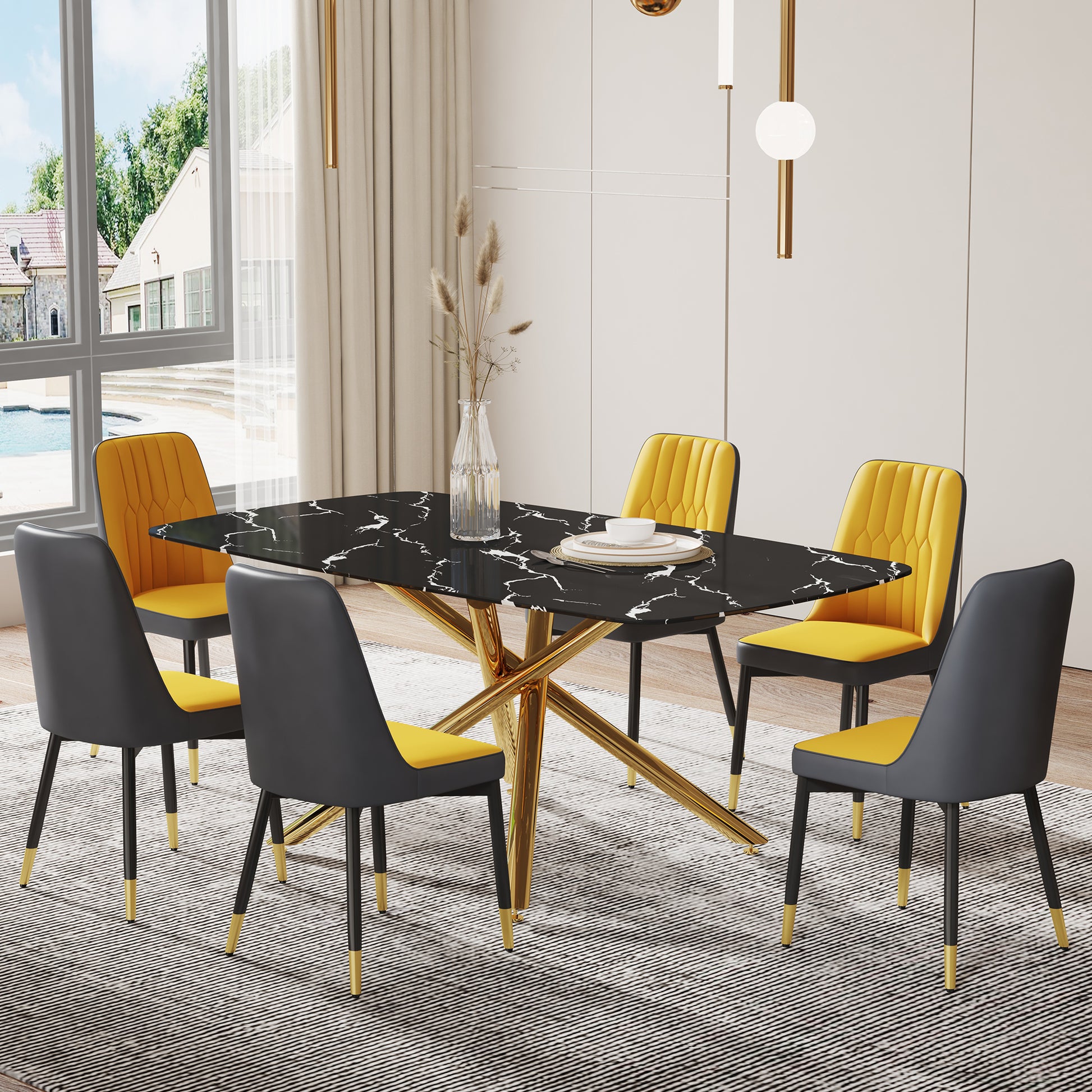 Large Modern Minimalist Rectangular Dining Table With 0.39 "Imitation Marble Black Tabletop And Golden Metal Legs, For Kitchen Dining Living Meeting Room Banquet Hall 1537 Black Glass