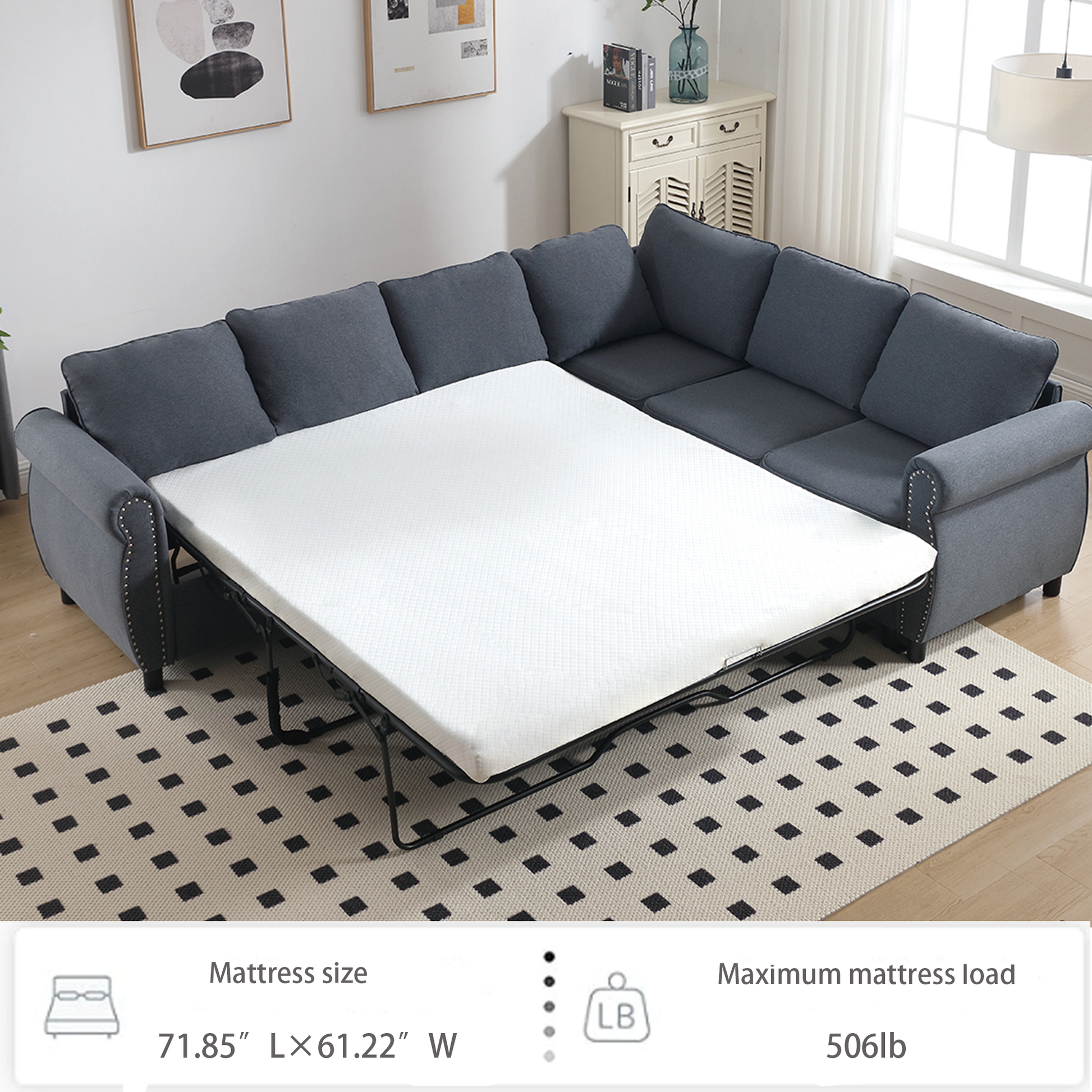 Arrived Sleeper Sofa, 2 In 1 Pull Out Couch Bed,6 Seater Sofa Bed, L Shaped Sleeper Sectional Sofa Couch,Riveted Sofa,104'' Large Combined Sofa Bed In Living Room, Dark Gray Gray Polyester Wood Primary Living Space Medium Soft Cushion Back Modern