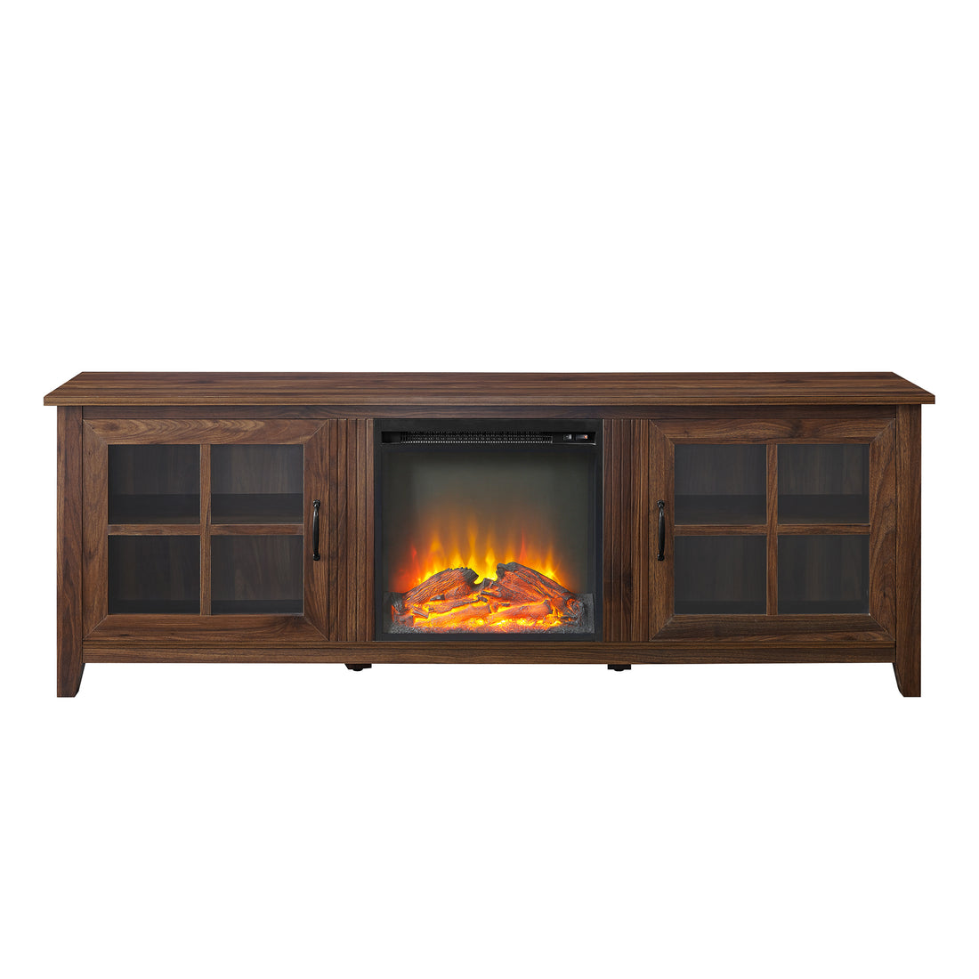 Modern Farmhouse 2 Door Glass Windowpane 70" Fireplace Tv Stand For 80" Tvs Dark Walnut Dark Brown Mdf