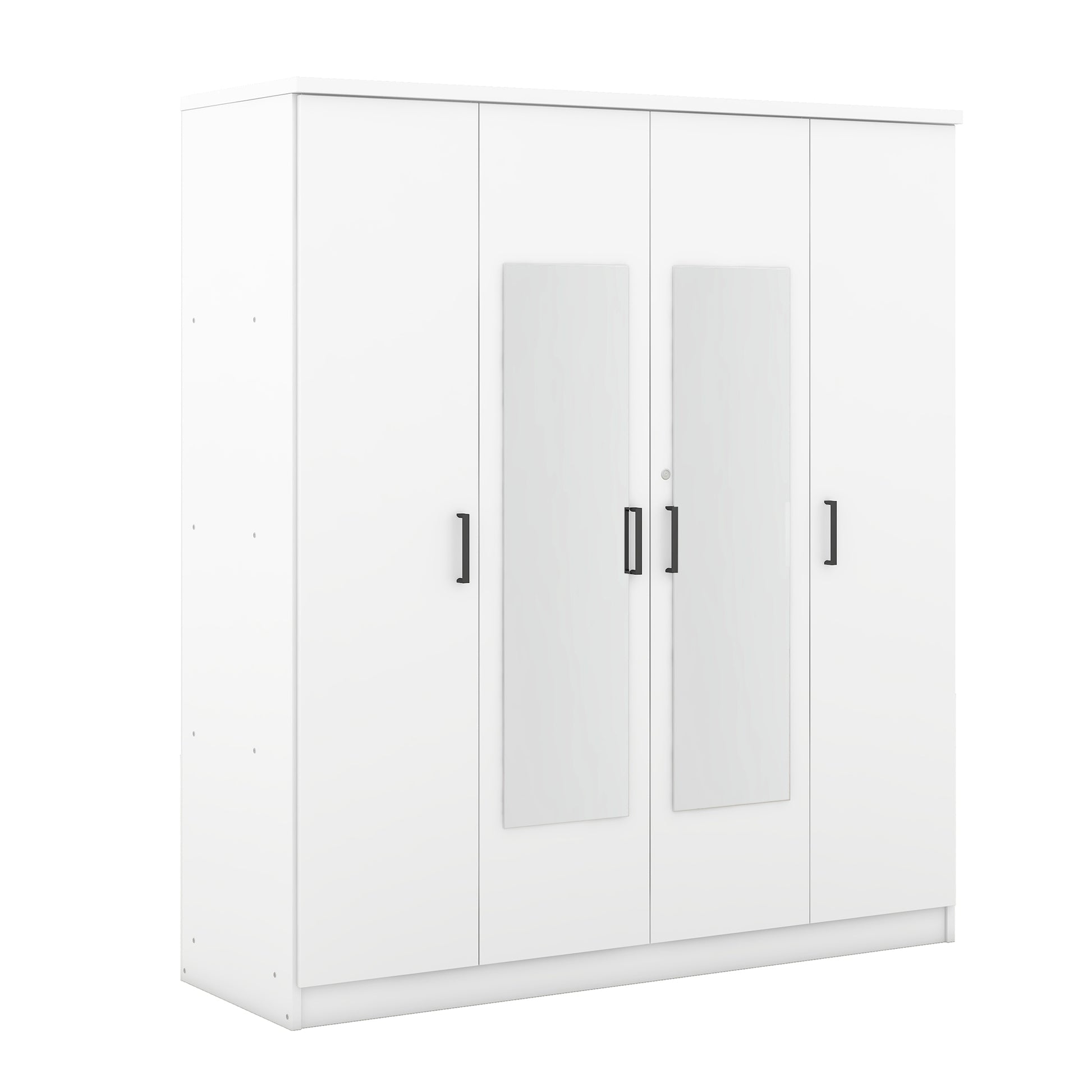 4 Door Mirror Wardrobe With Shelves, White White Plywood